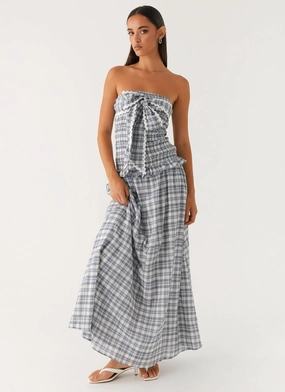 Malia Shirred Maxi Dress - Blue Grey Check Street-Style Sharp Edge