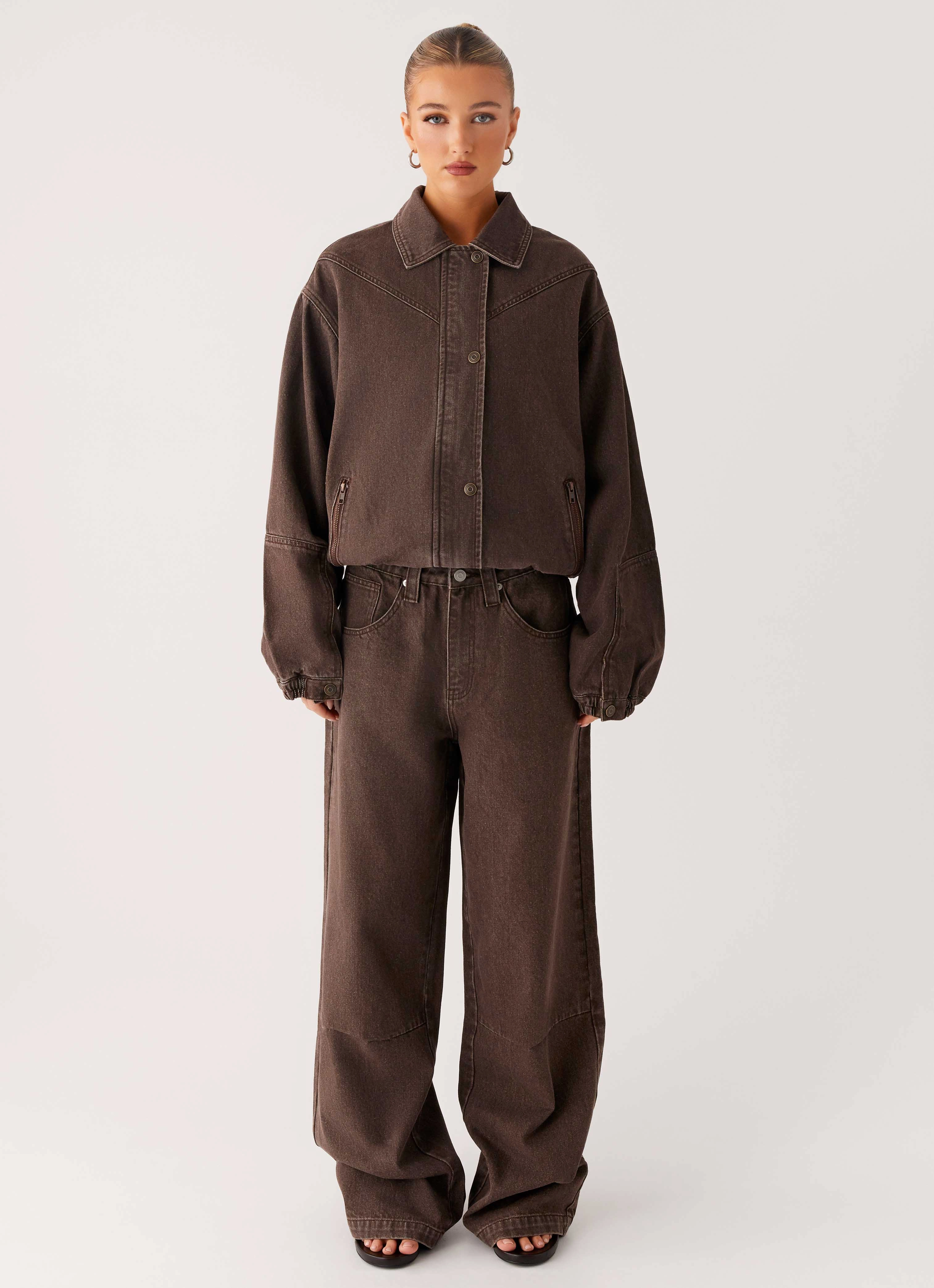 Eco-friendly Midwest Washed Denim Bomber Jacket - Light Wash Chocolate