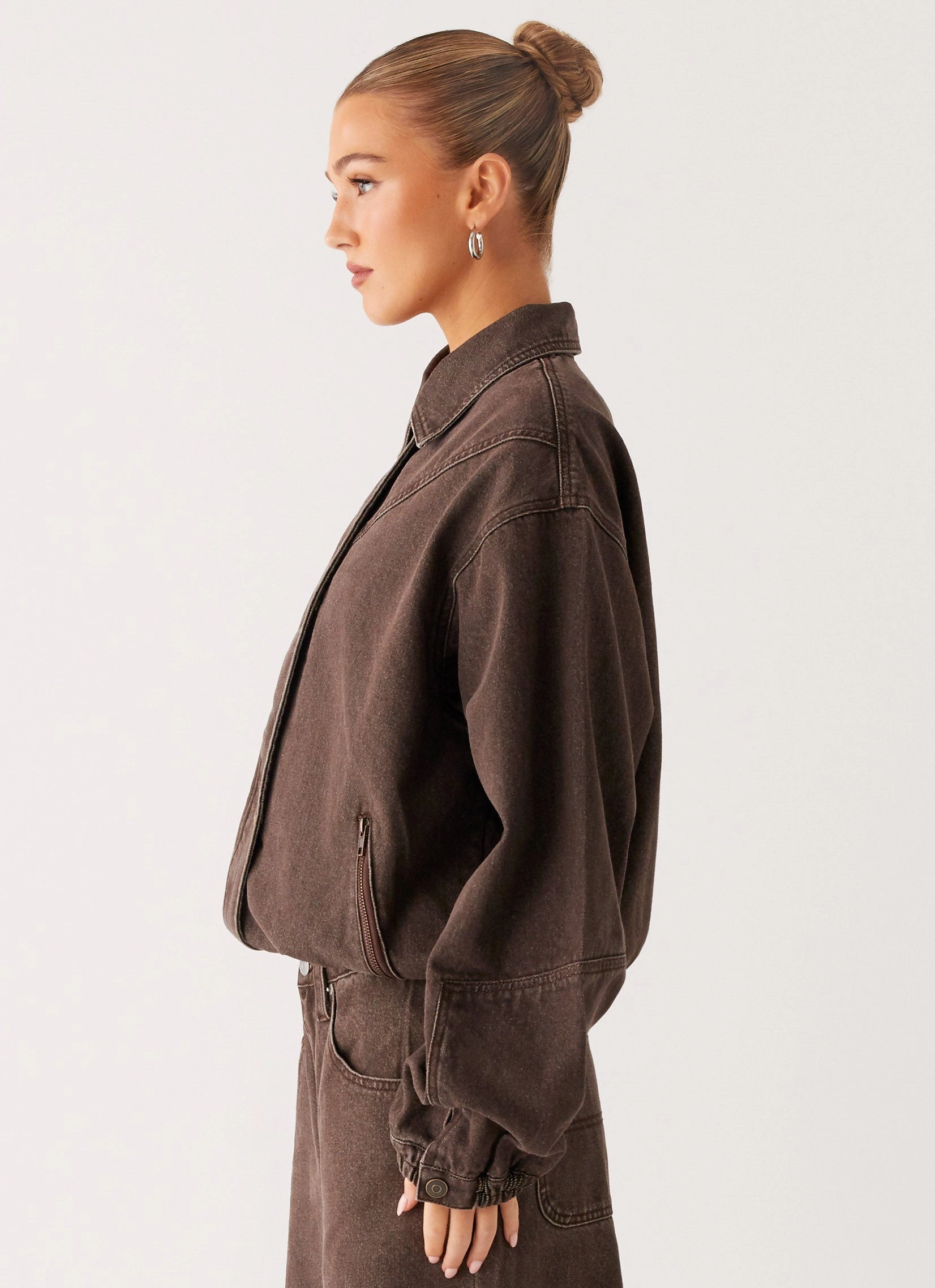 Participate Likelihood Midwest Washed Denim Bomber Jacket - Light Wash Chocolate