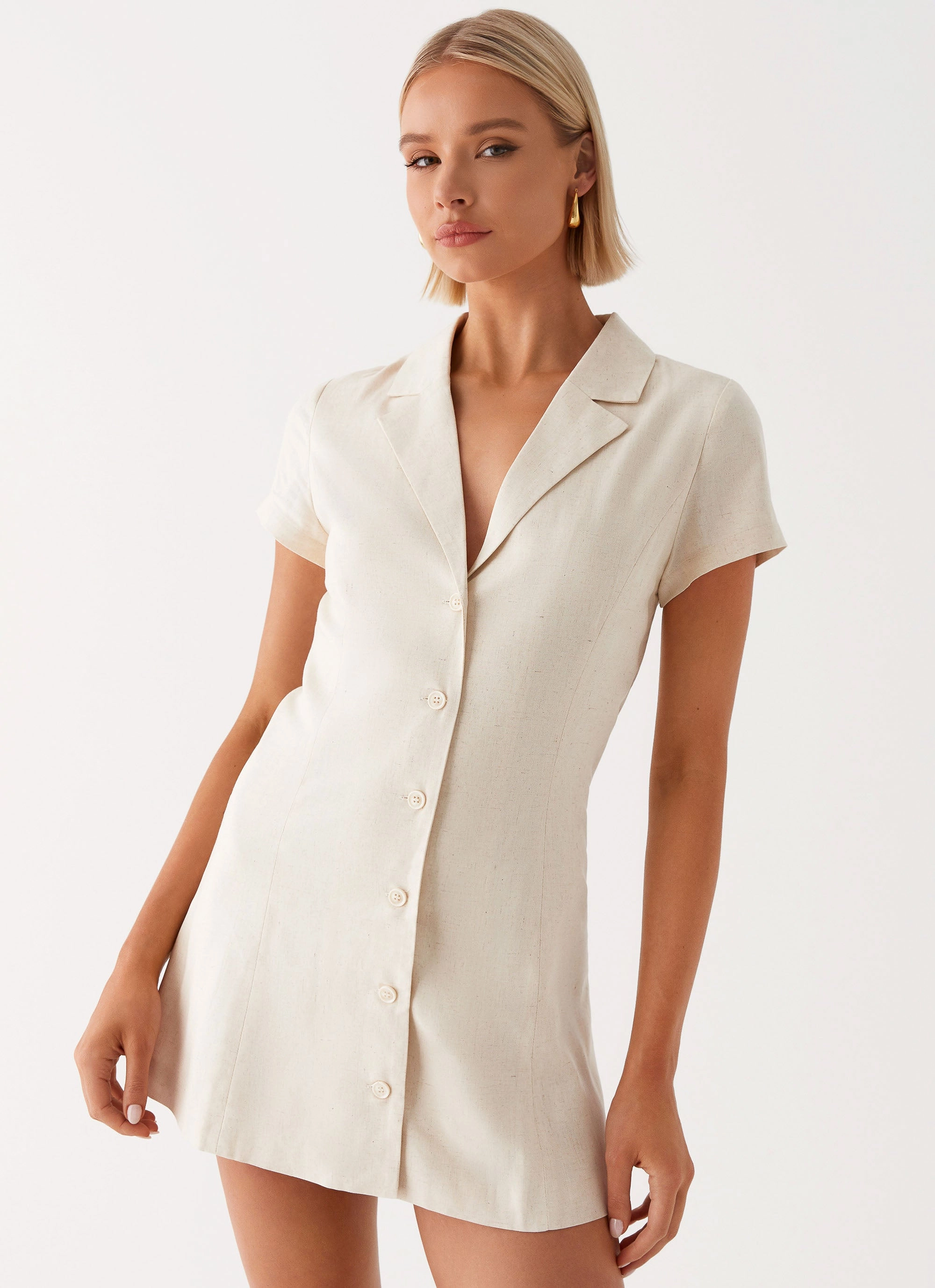 Casual Outfit Smart Texture Russo Linen Mini Dress - Oatmeal