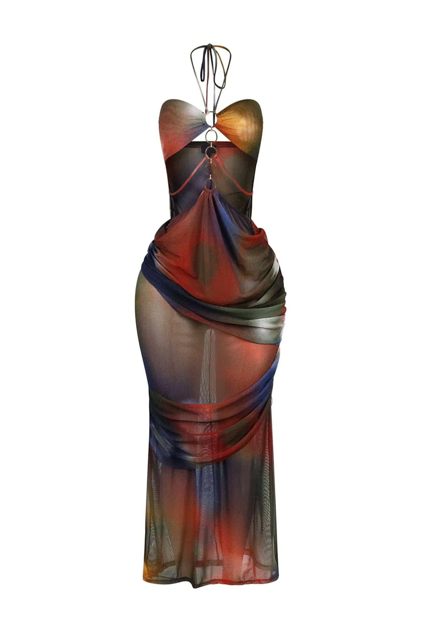 Style Forward Stylish Mood Rust Afterdark Mesh Print Halter Maxi Dress