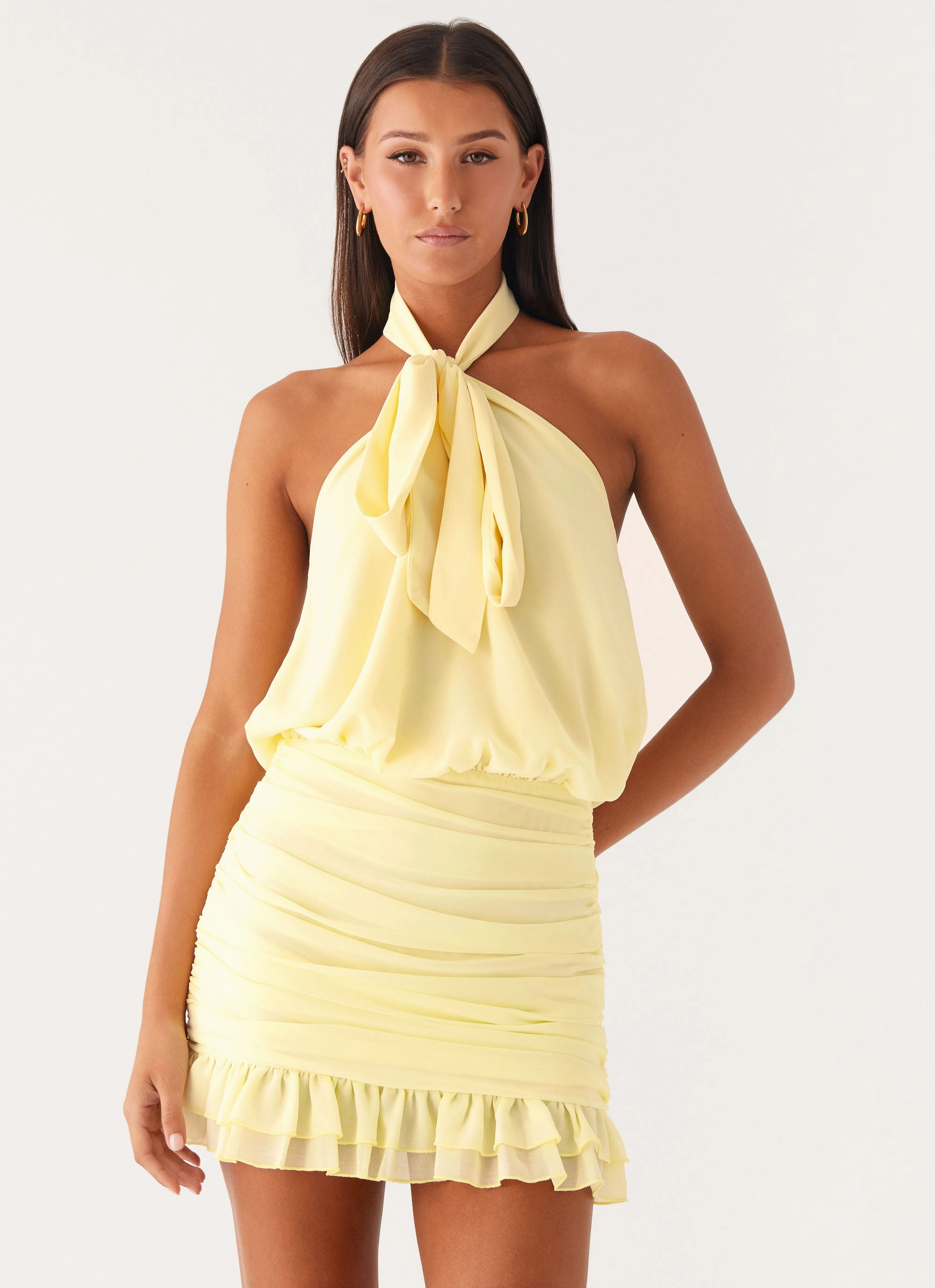 High Shine Saebi Tie Neck Mini Dress - Lemon