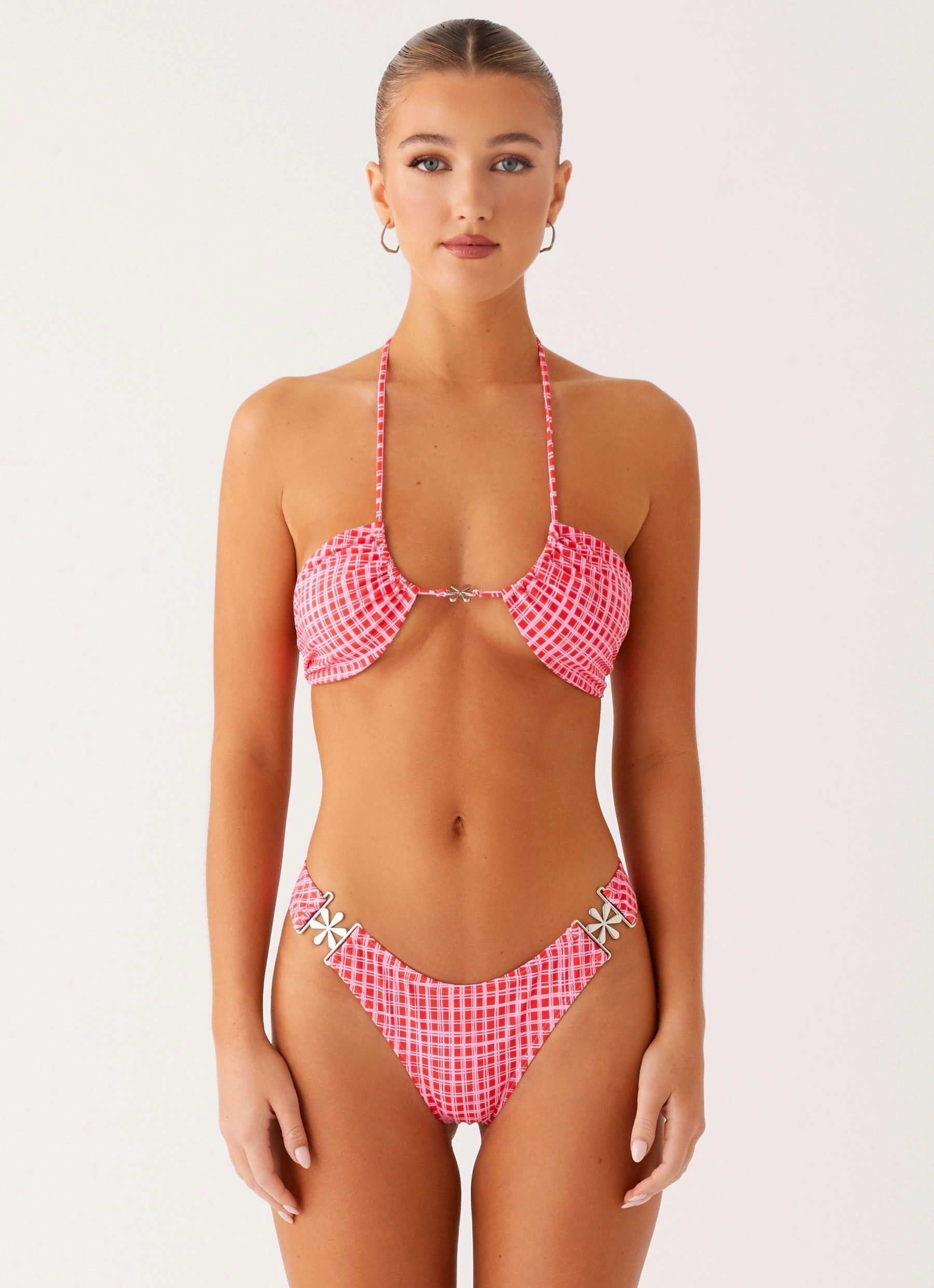 Saint Lucia Bikini Bottoms - Pink Check Water Repellent Zipper vacation