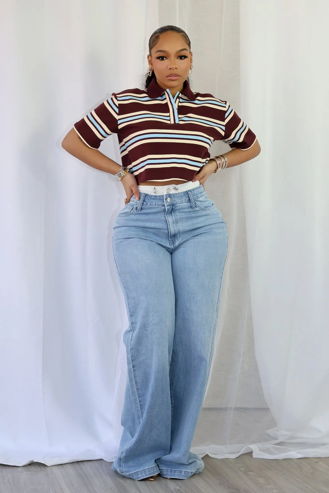 Sally Striped Collared Button Up Crop Top DoubleLayered Durable Reinforced Shoulders