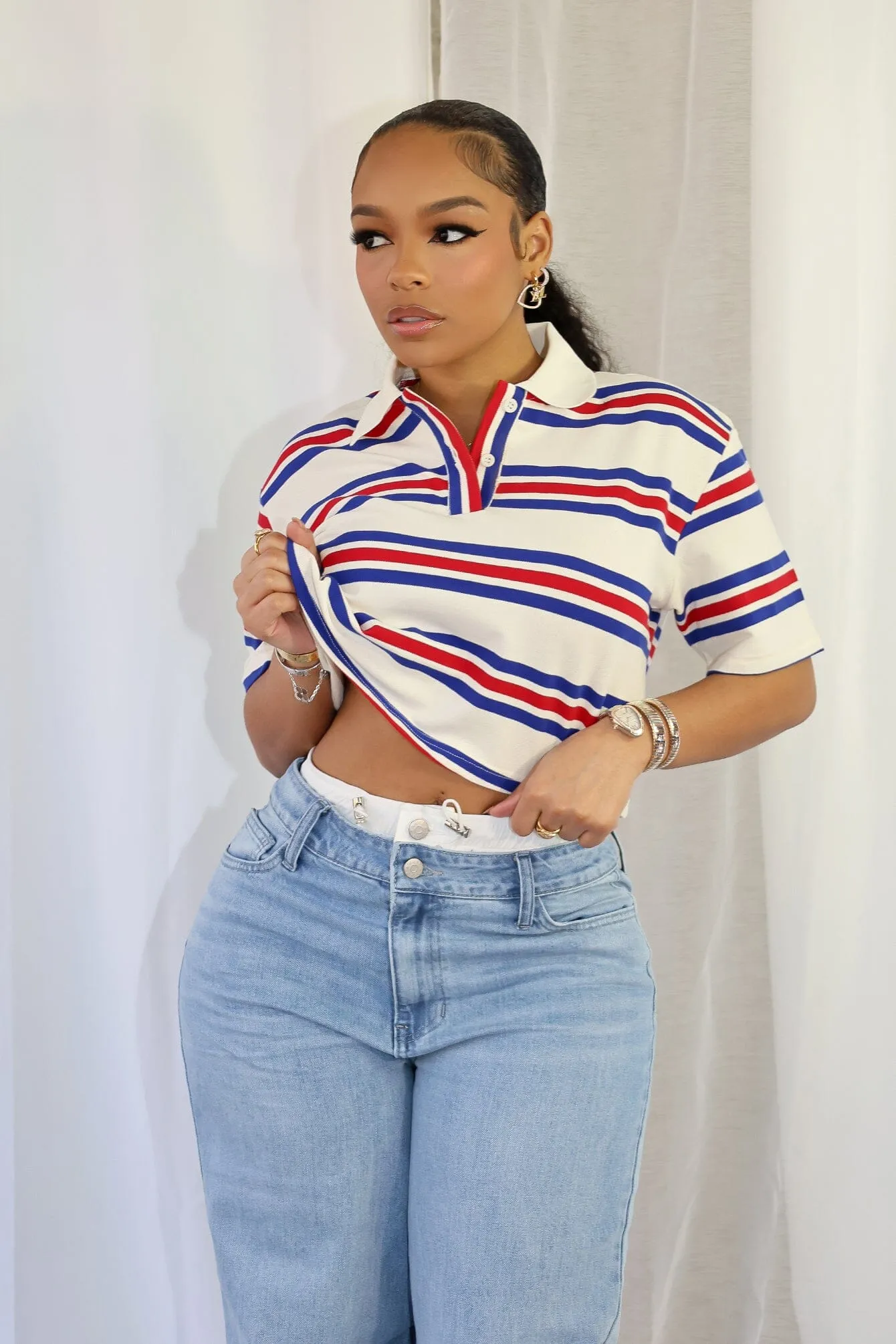 Sally Striped Collared Button Up Crop Top Anti Slip Shoulder Padding