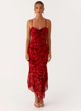 Studio Style Modern Cut Sally Midi Dress - Deep Red Floral