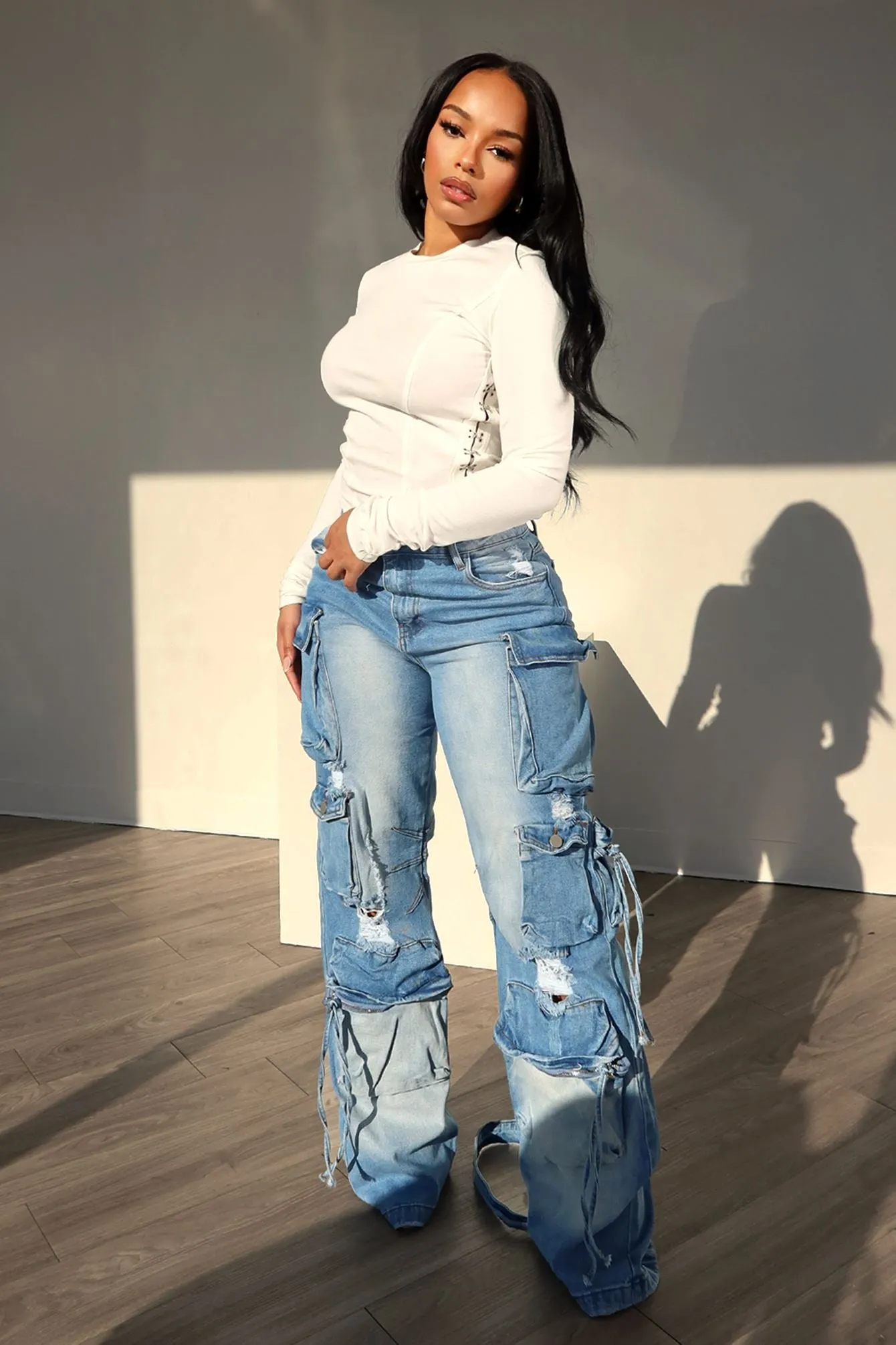 Adjustable Belt Loops Salty Ripped Utility Cargo Jeans