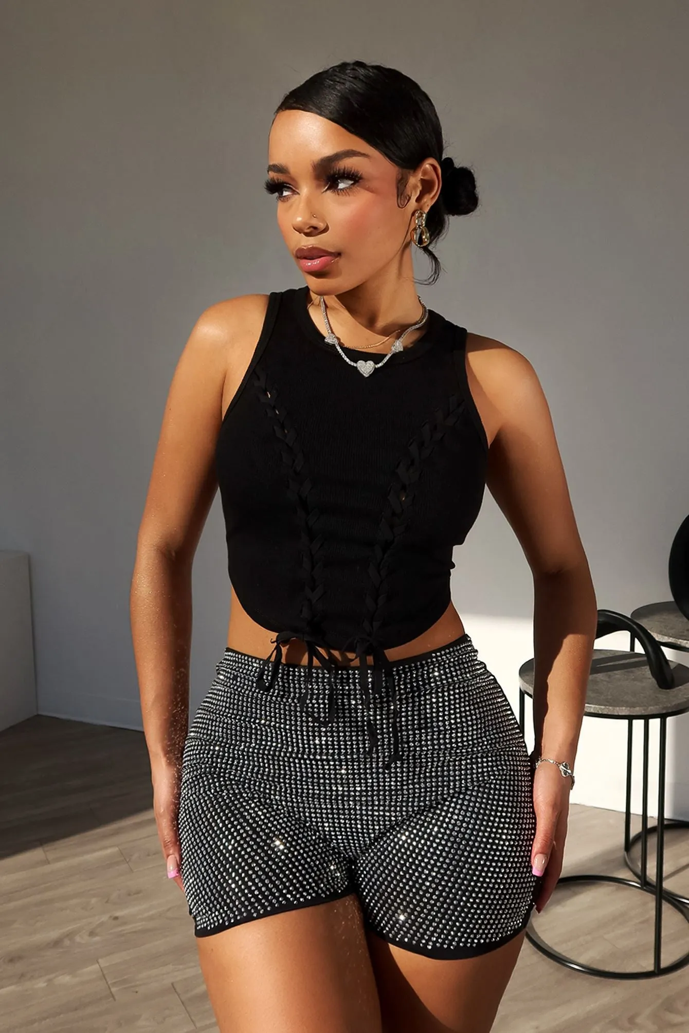 Samira Criss Cross Ribbed Top Layered Collar Contoured Side Panels