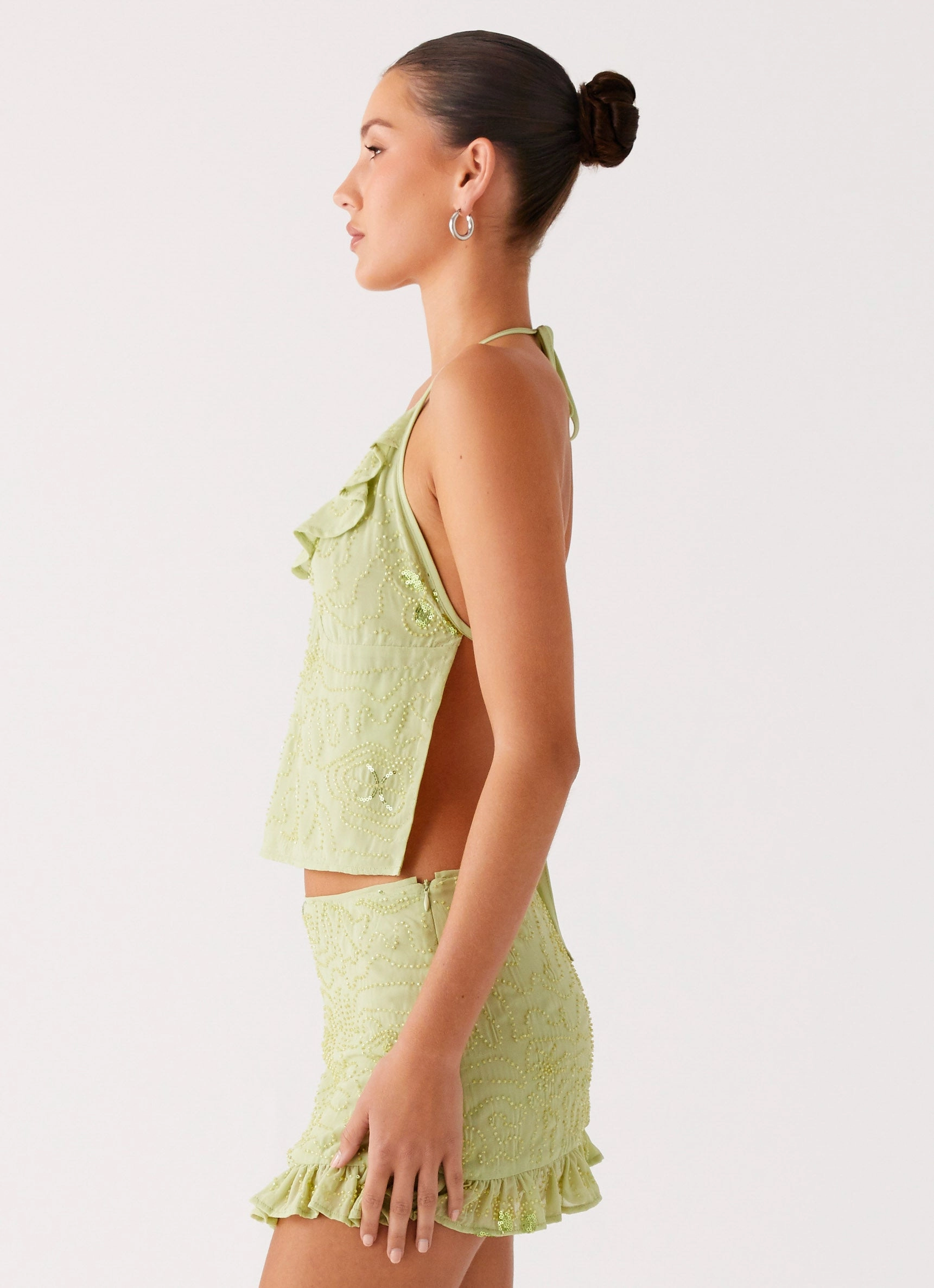 Savoir Beaded Halter Top - Mint Yarn Dyed Stripes