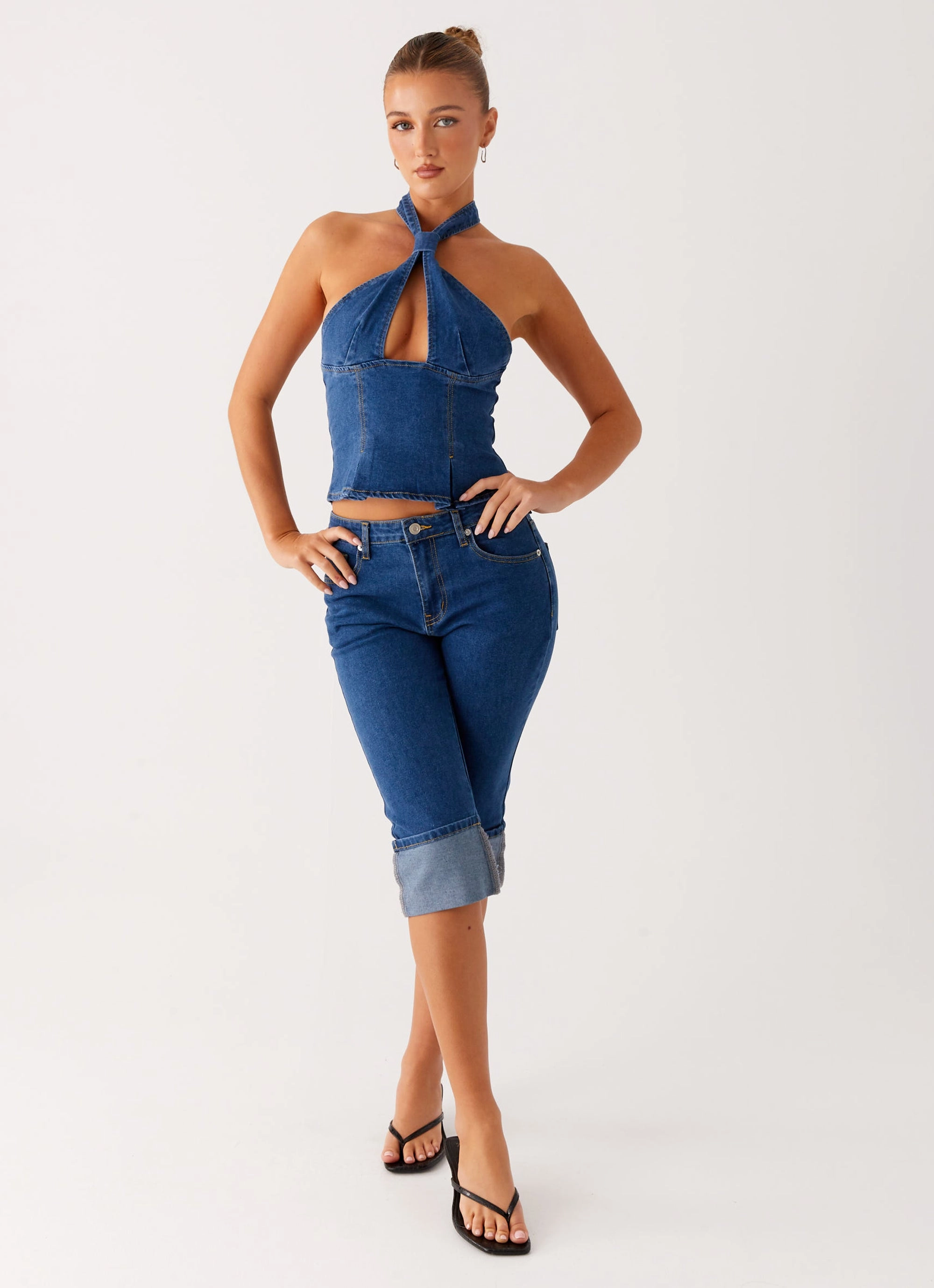 Odor Control Fabric Fitted waist Saylor Denim Capri Jeans - Indigo