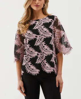 LayeredCuff Interlock Knit Scalloped Elbow Sleeve Lace Top