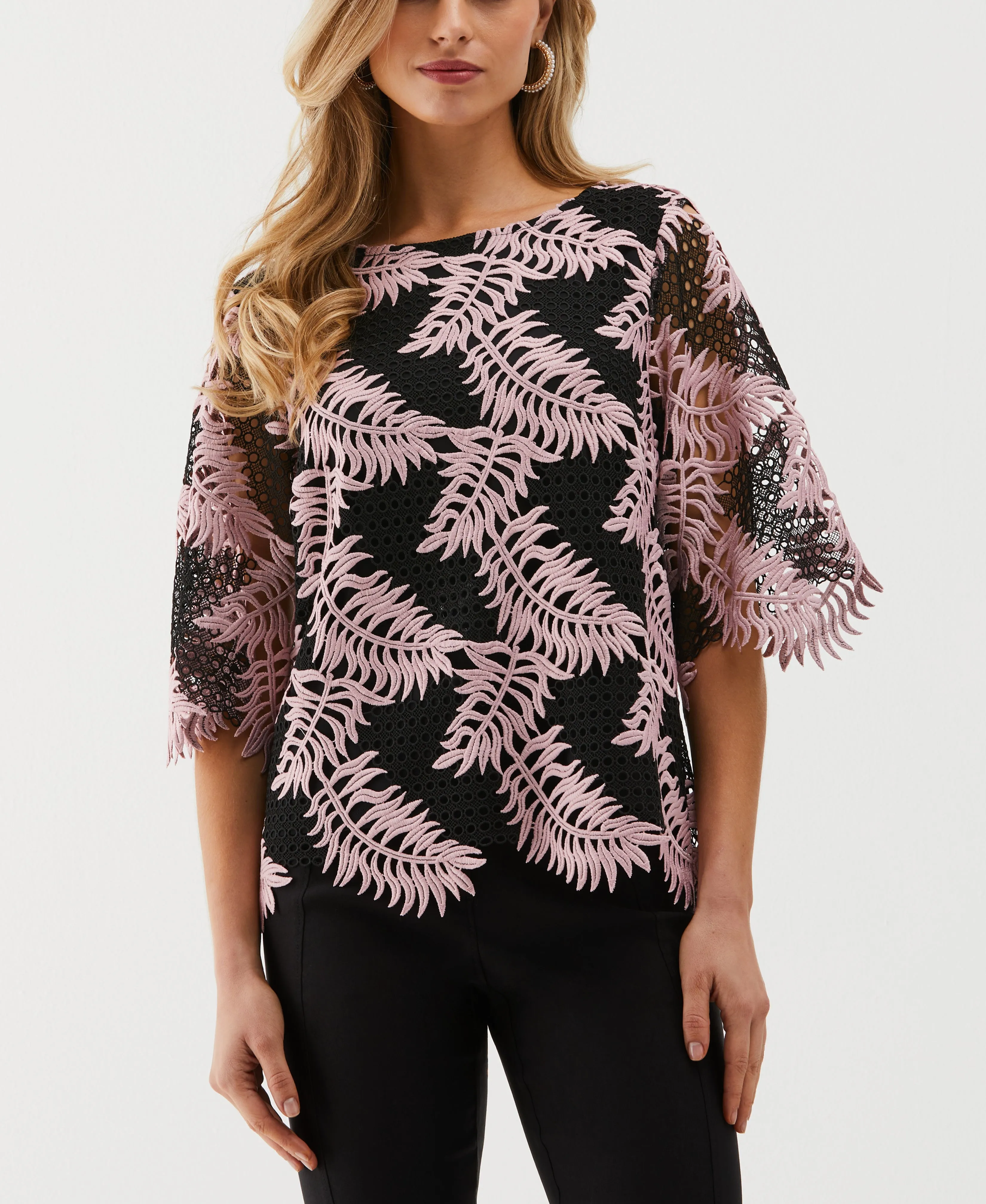 Ribbed Trim Details Scalloped Elbow Sleeve Lace Top