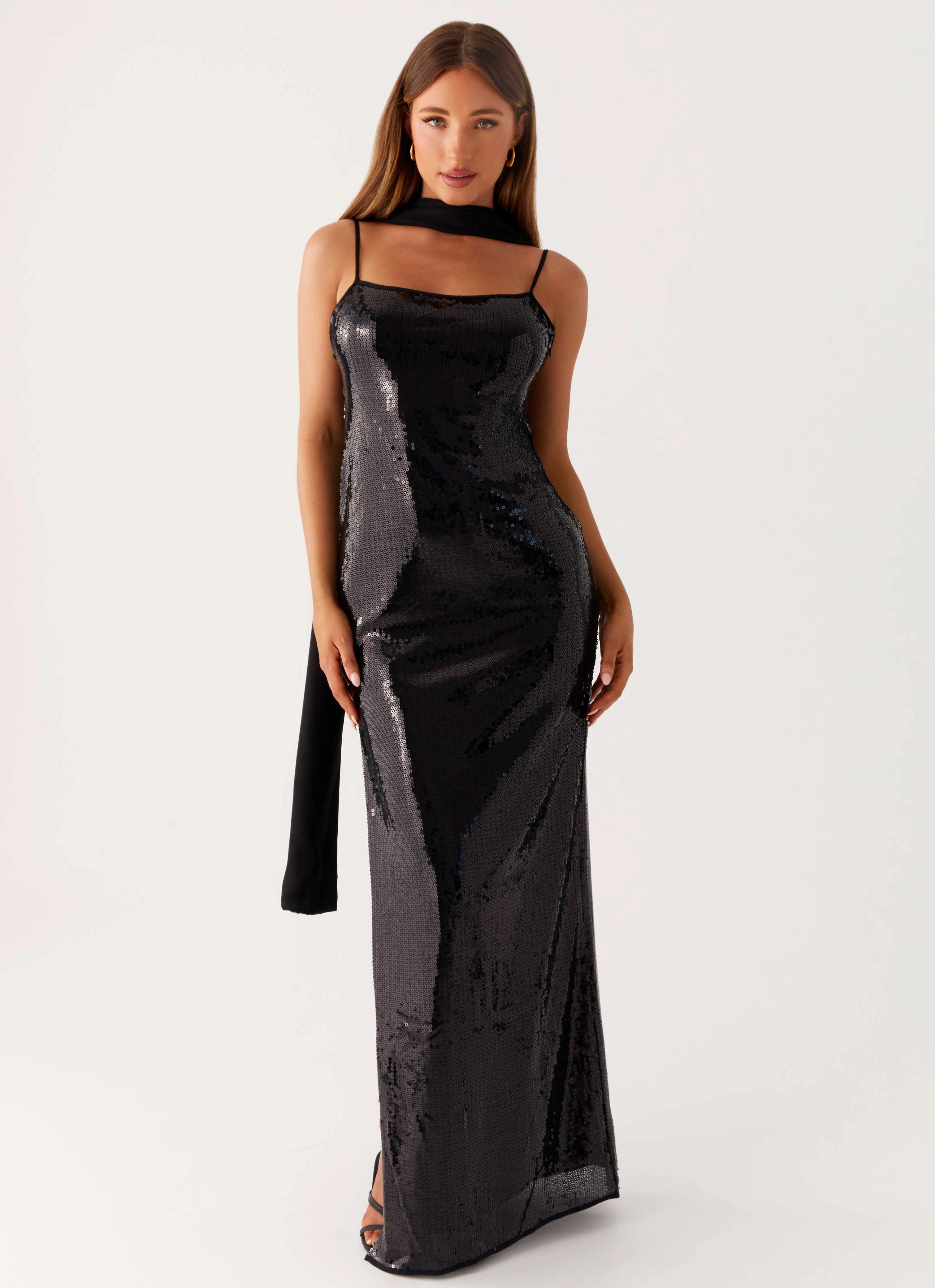 Low Key Smile Glow Scarf Neck Sequins Maxi Dress - Black