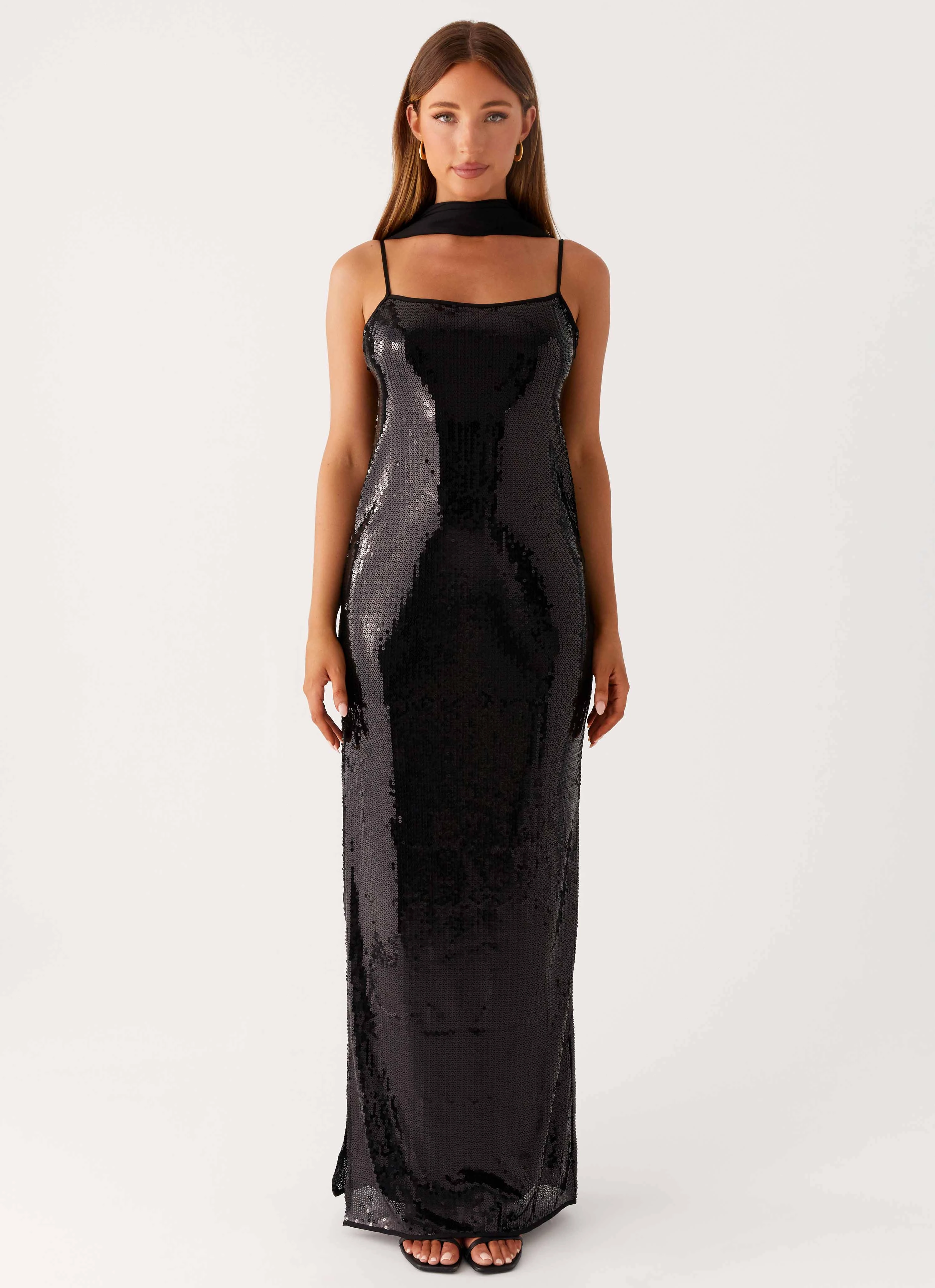 Elegant Silhouette Scarf Neck Sequins Maxi Dress - Black