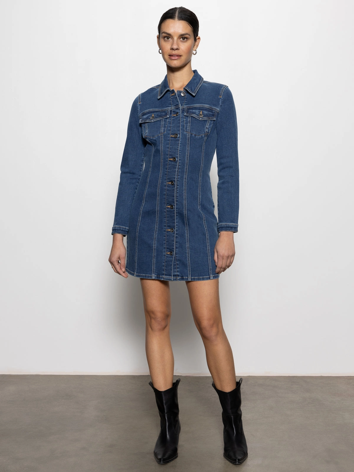 Sculpted Denim Mini Dress Royalty BondedShoulder
