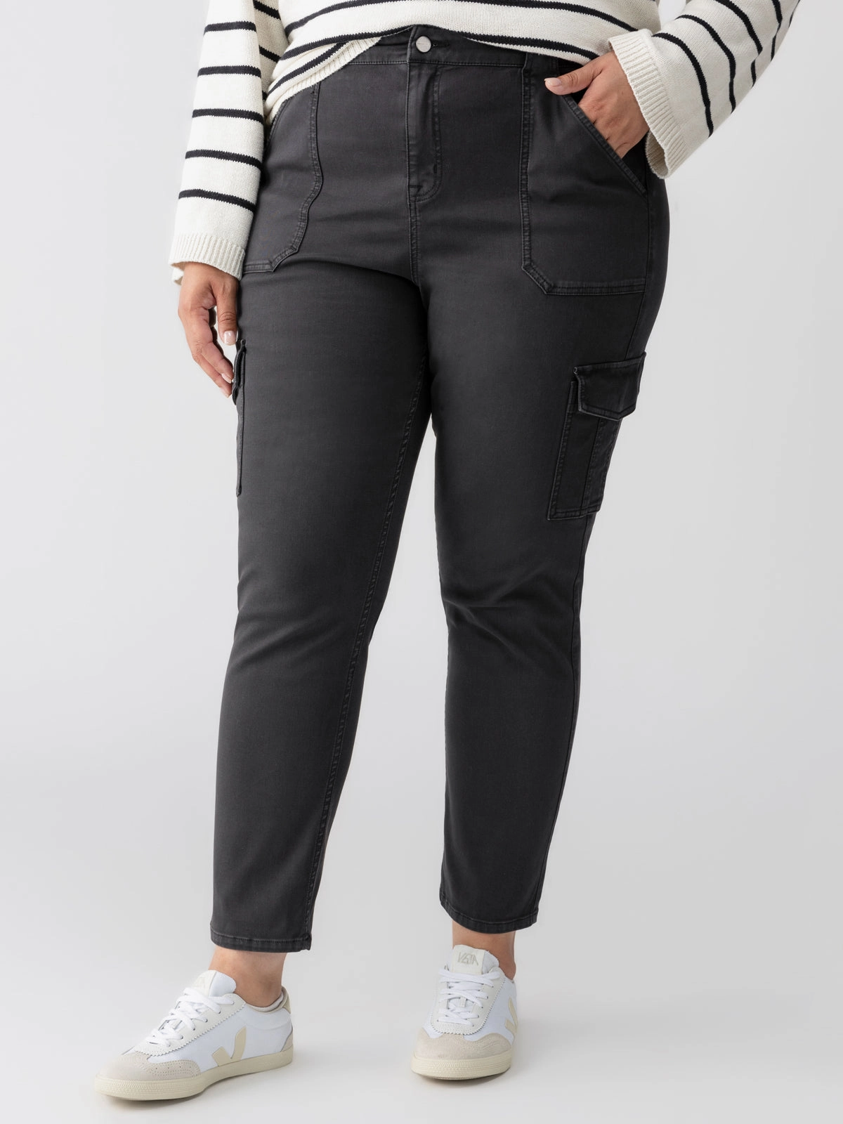 Sculpted Hayden Cargo Standard Rise Pant Black Extended Sizing Ribbed Trim Details