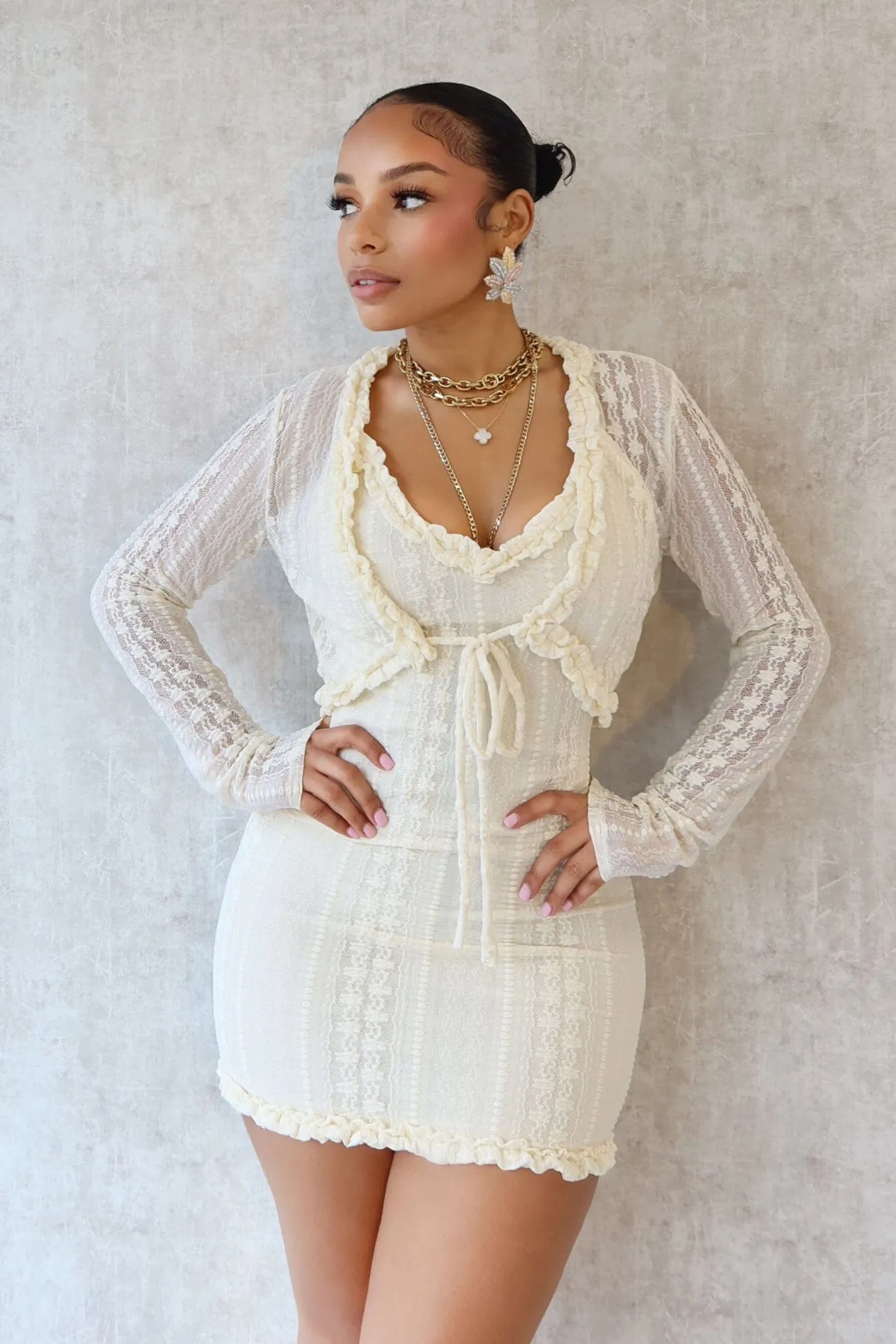 Street Casual Comfortable Shape Rafaela Lace Dress with Cardigan SET