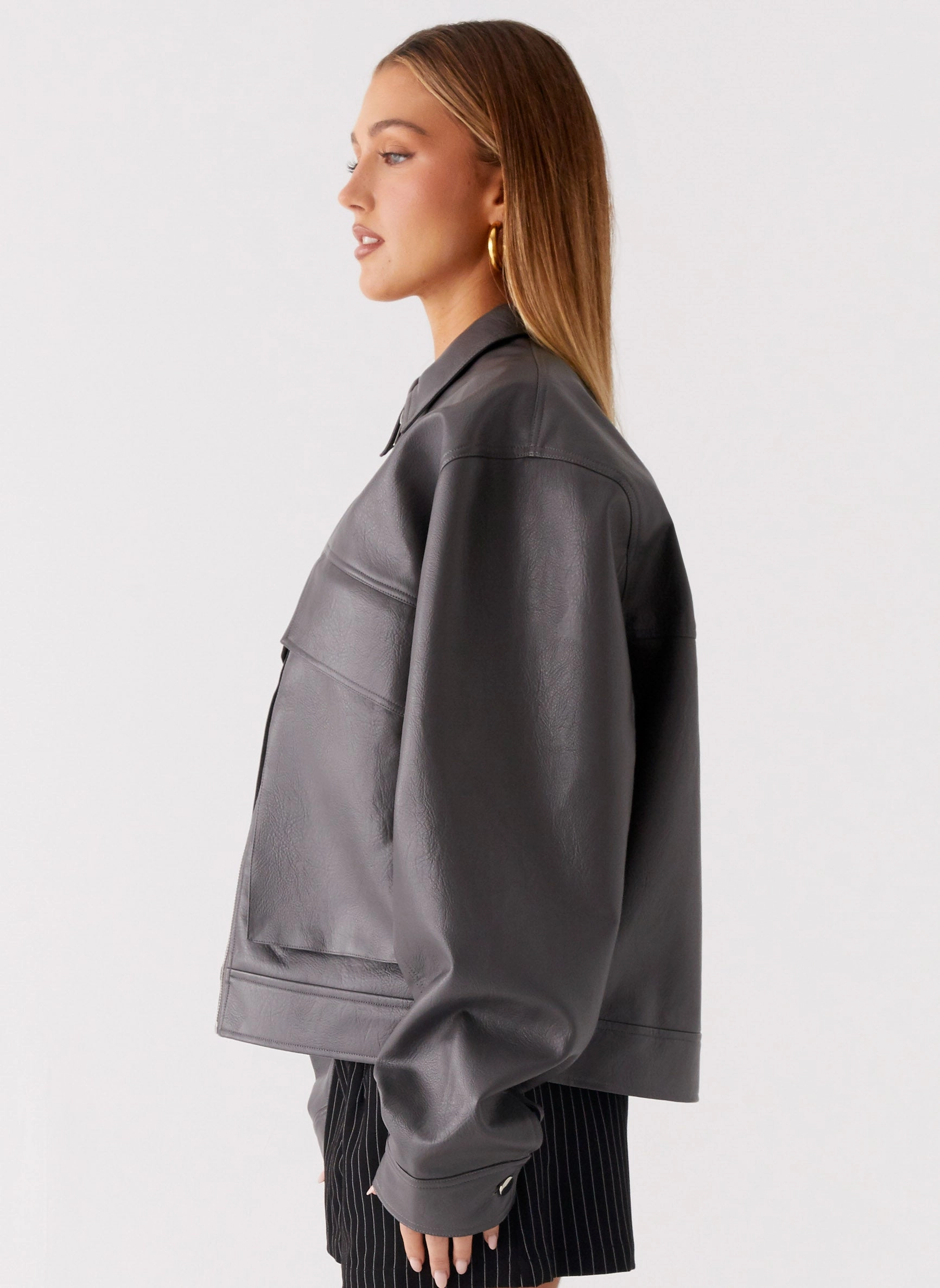 Lula Faux Leather Bomber Jacket - Charcoal NonBulkyFit