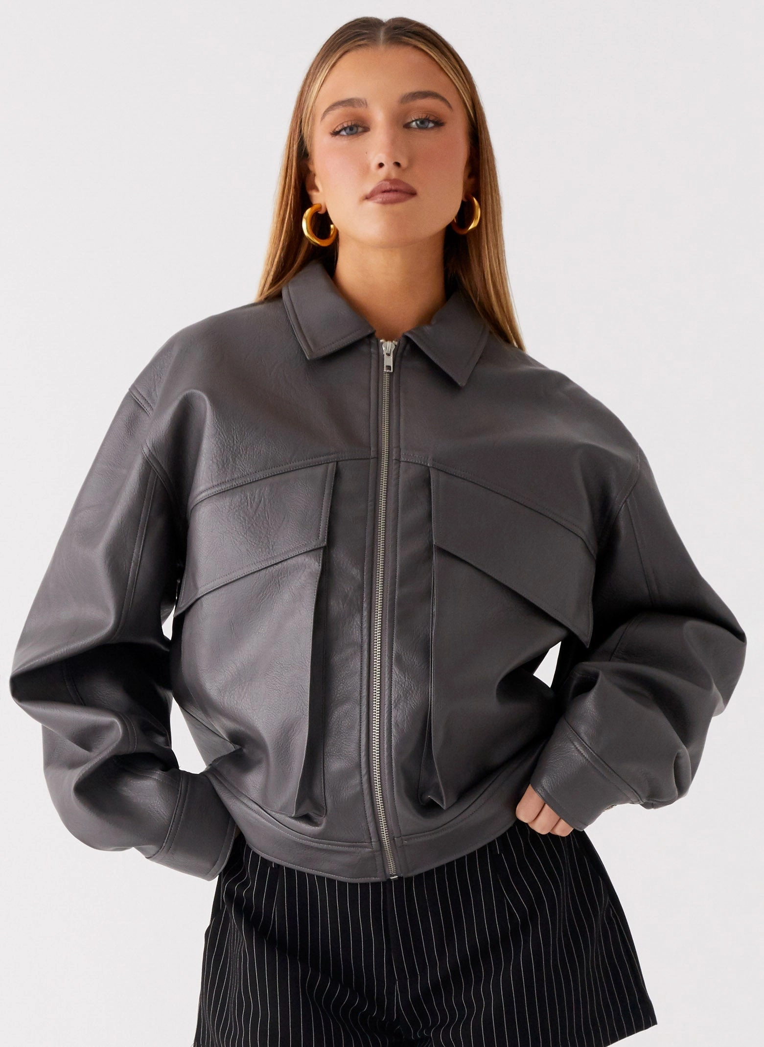 Lula Faux Leather Bomber Jacket - Charcoal sun resistant Prize