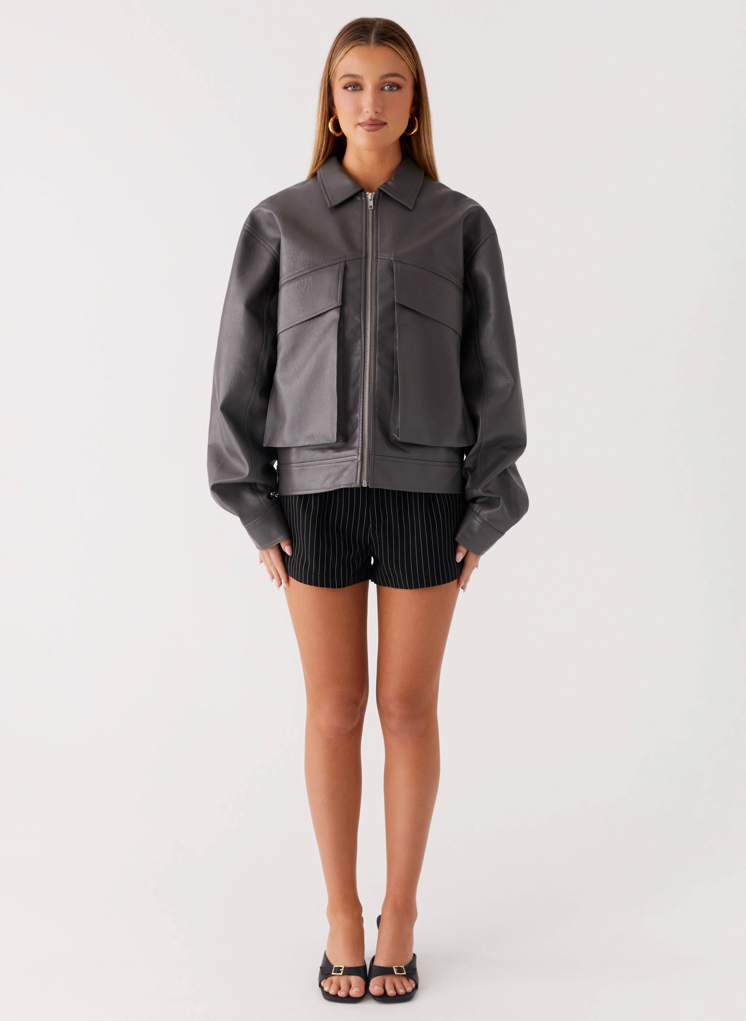 Layer Look Lula Faux Leather Bomber Jacket - Charcoal