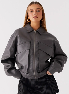 Lula Faux Leather Bomber Jacket - Charcoal sun resistant Prize