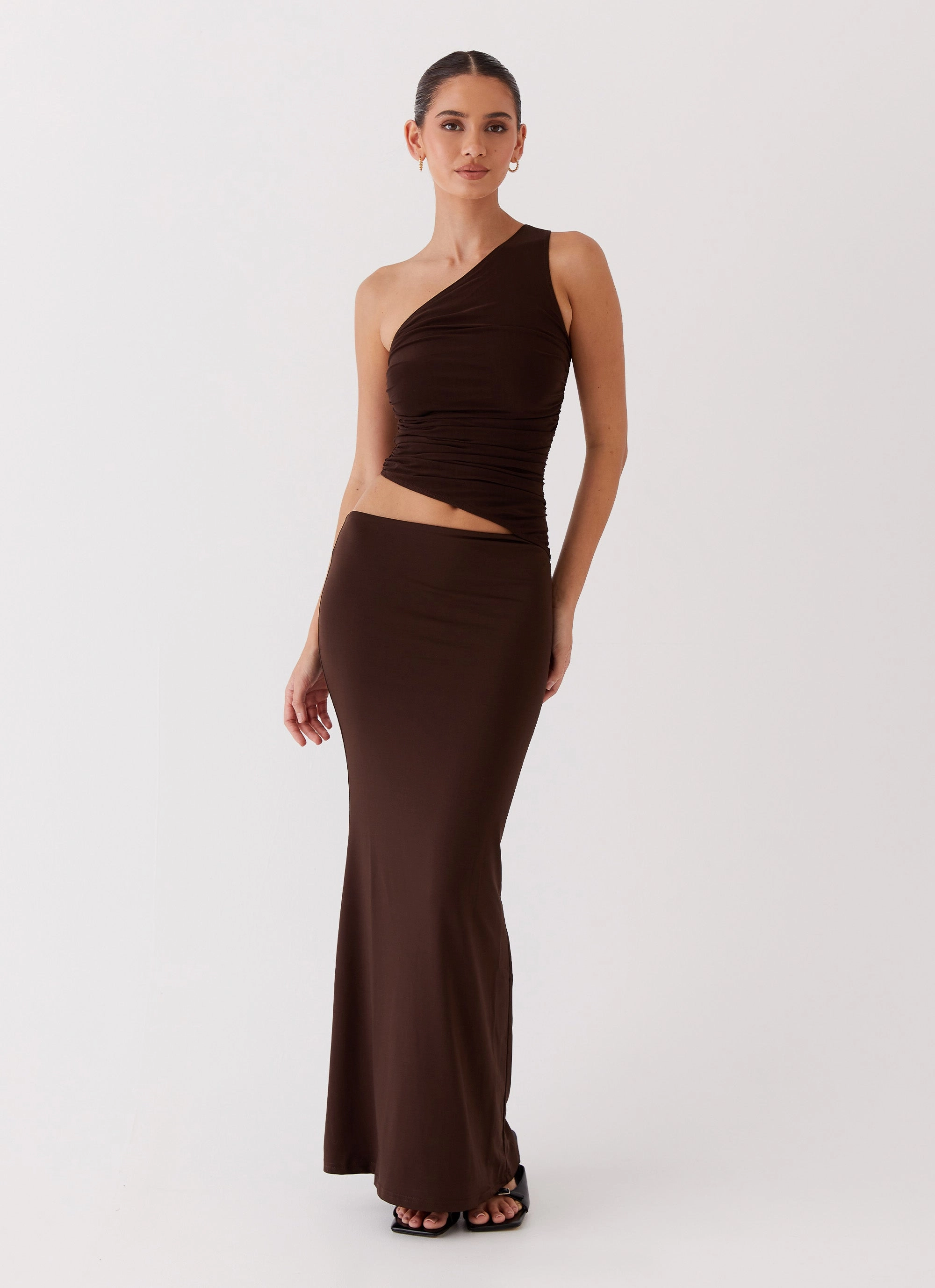 Seranella One Shoulder Maxi Dress - Chocolate Frayed-Edge Panelled-Design