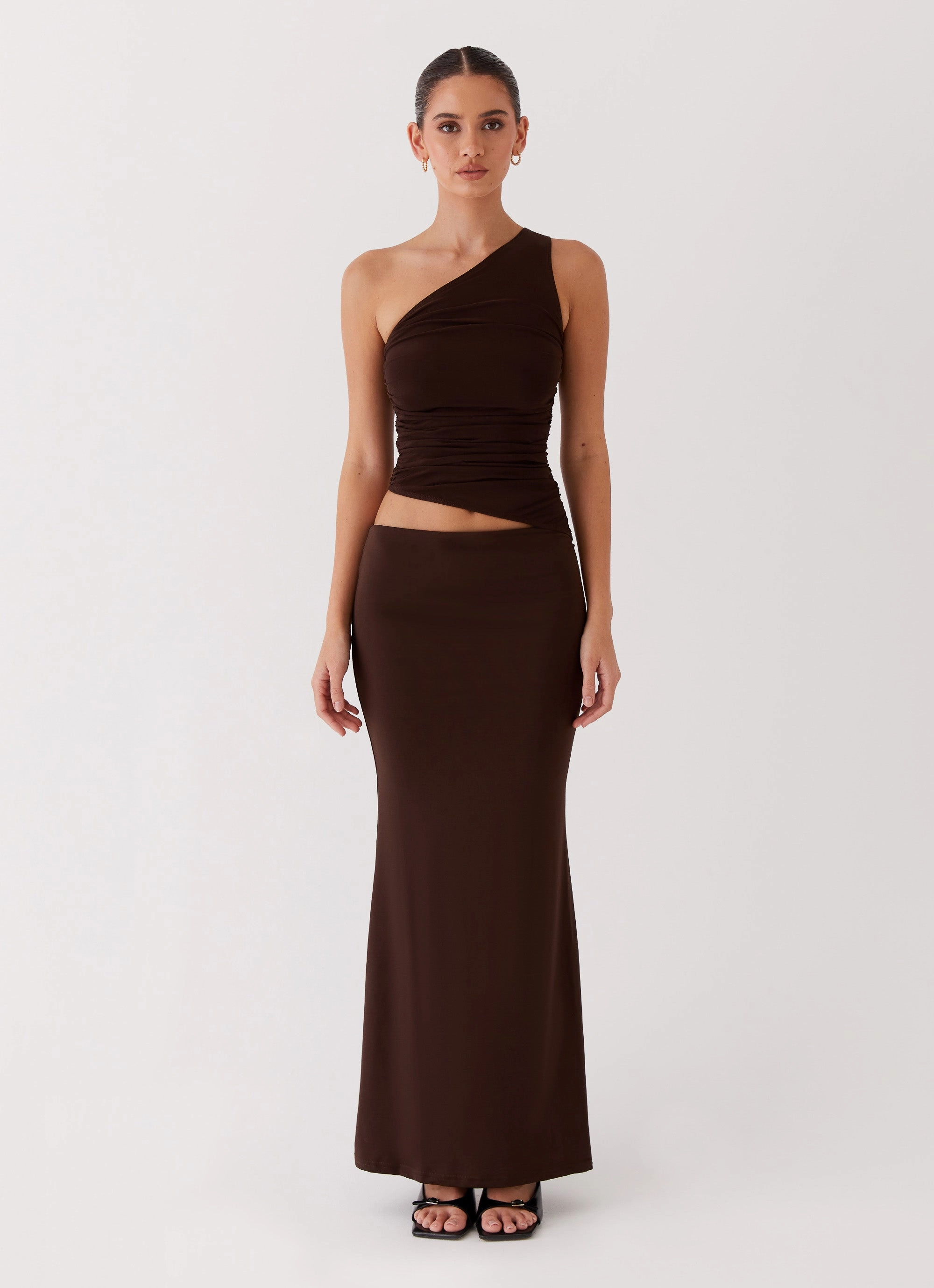 Padded-Bust Timeless Comfort Seranella One Shoulder Maxi Dress - Chocolate