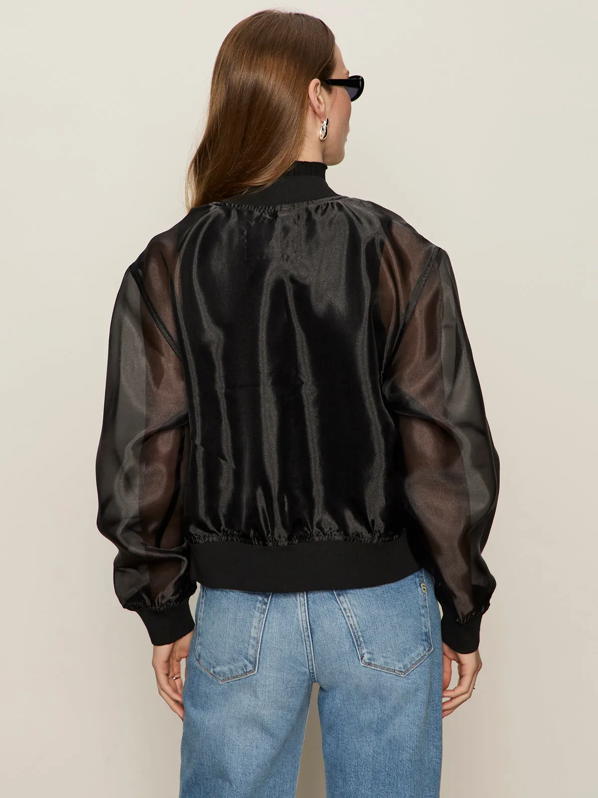 Ribbed Hem Finish Quick Access Slit Shane Organza Bomber Black