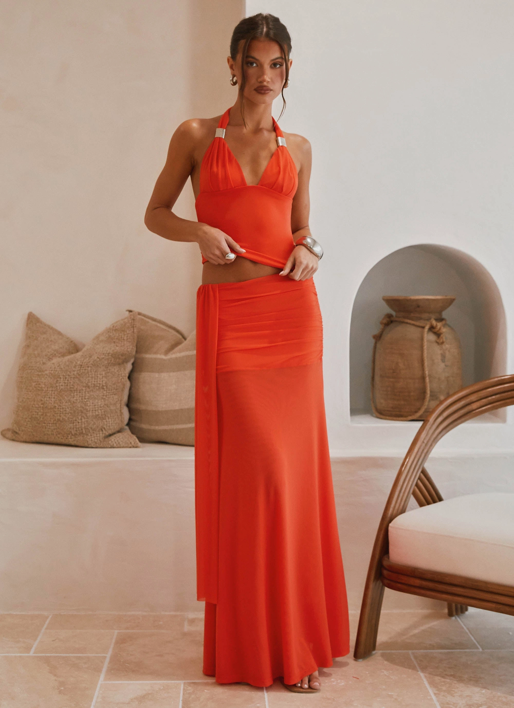 Draped Design Water Resistant Blaze Maxi Skirt - Fire Red