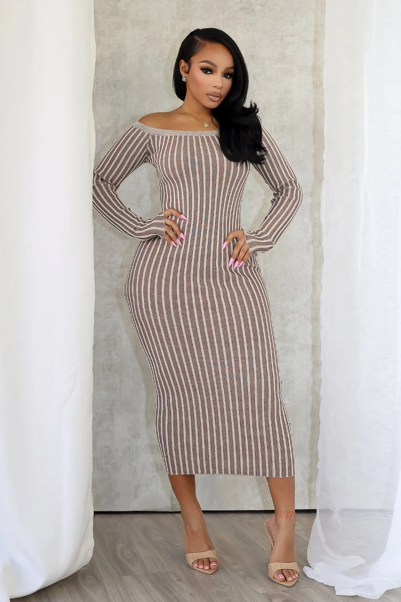 Premium Material Abigail Two Tone Off Shoulder Midi Dress