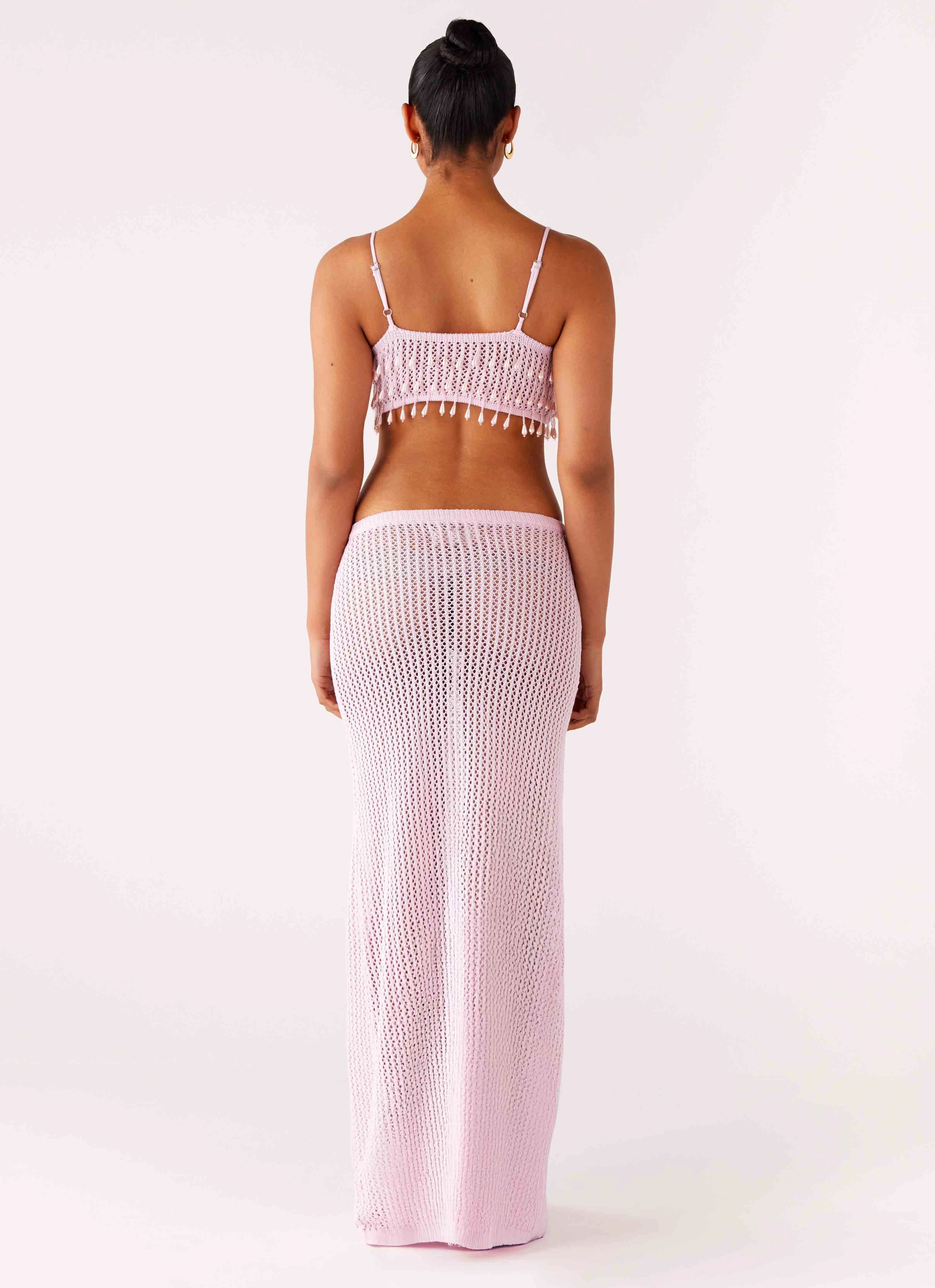 Shellbound Crochet Maxi Dress - Pink Fitted Shape Subtle Glam