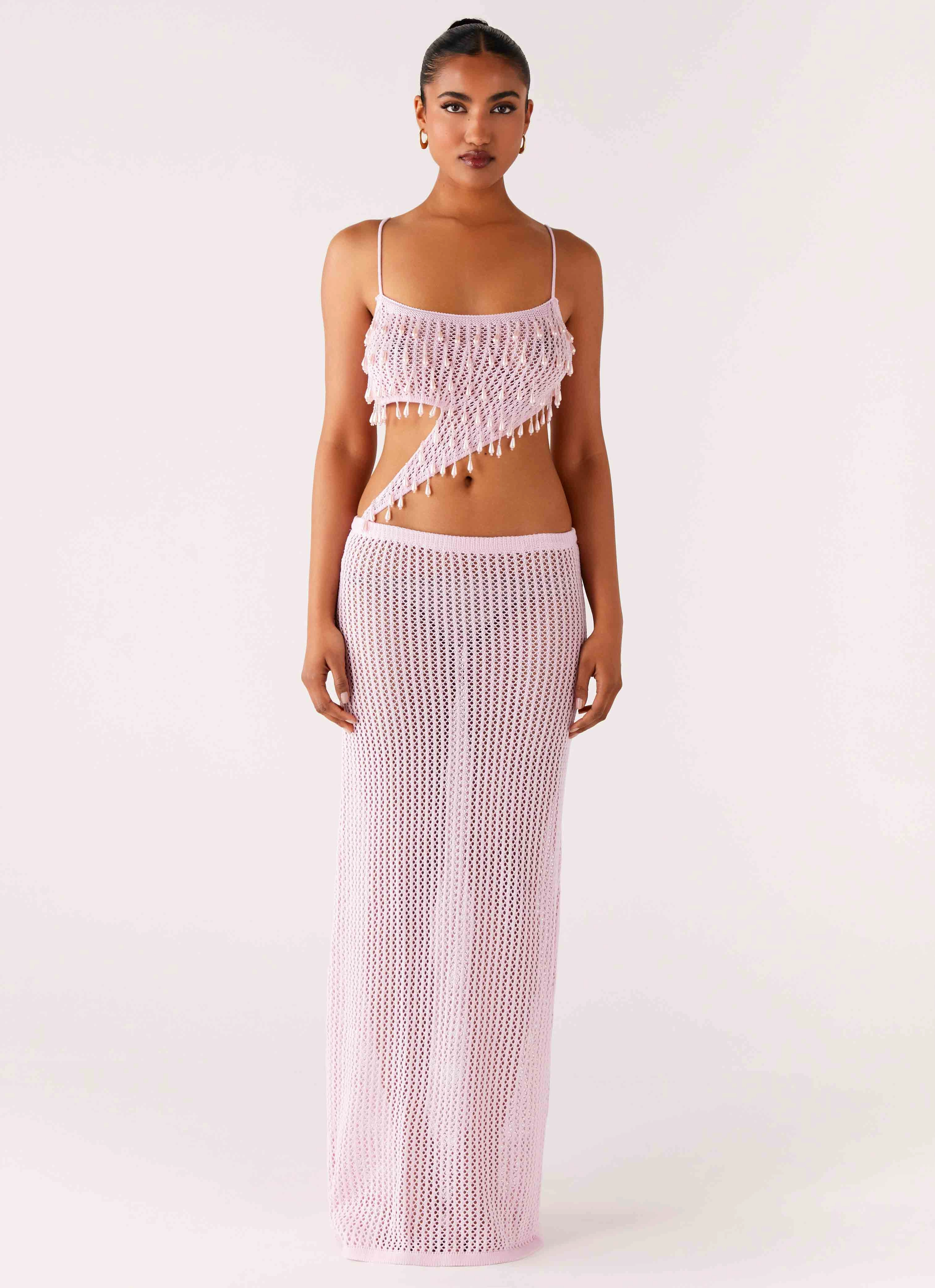 Shellbound Crochet Maxi Dress - Pink Fashionable outfit for outings Cozy Vibe