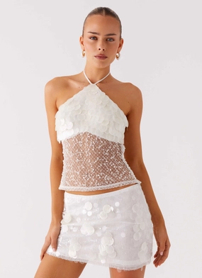 Yarn Dyed Pattern Cloth Shelly Halter Top - White