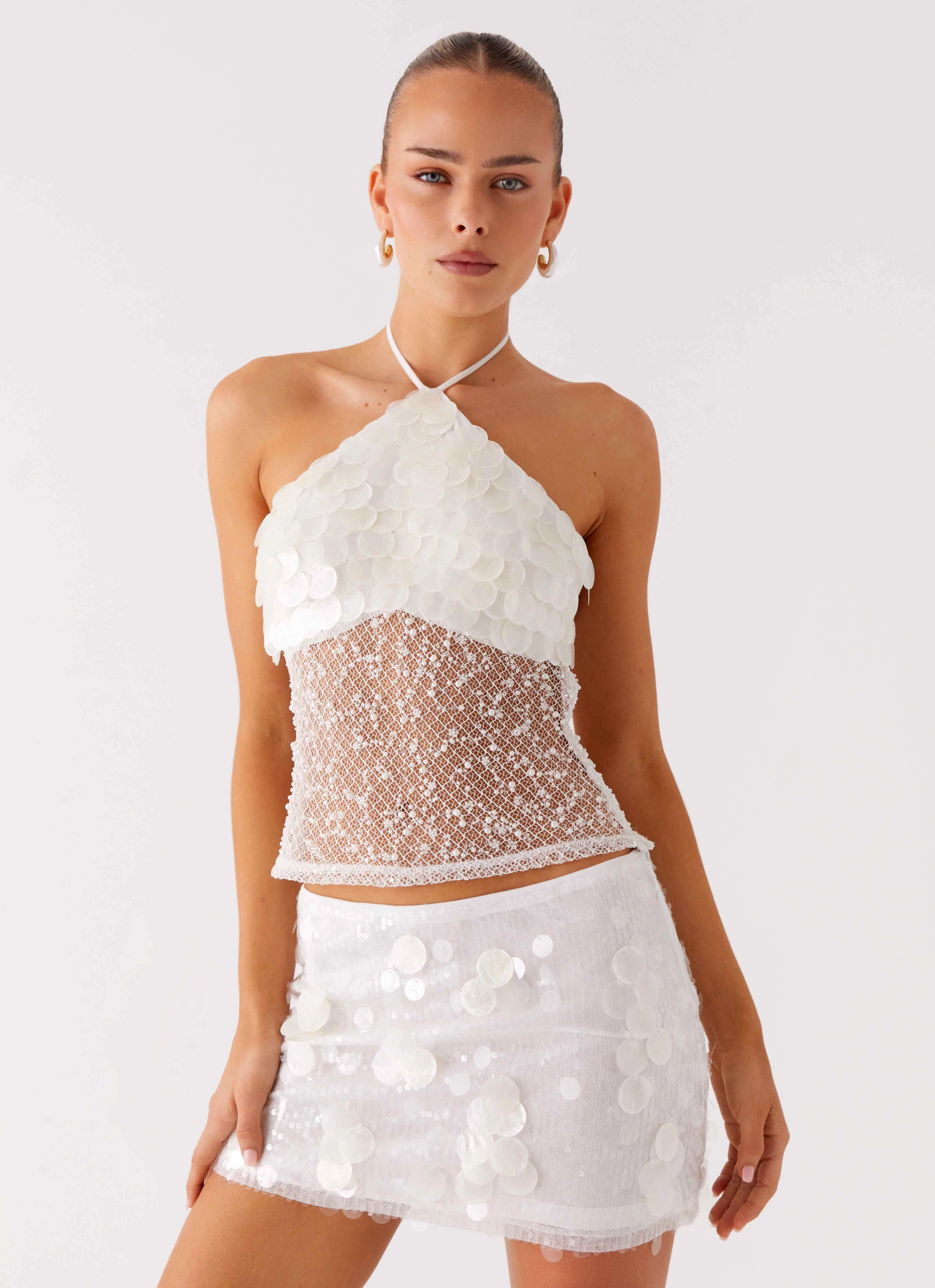 Yarn Dyed Pattern Cloth Shelly Halter Top - White