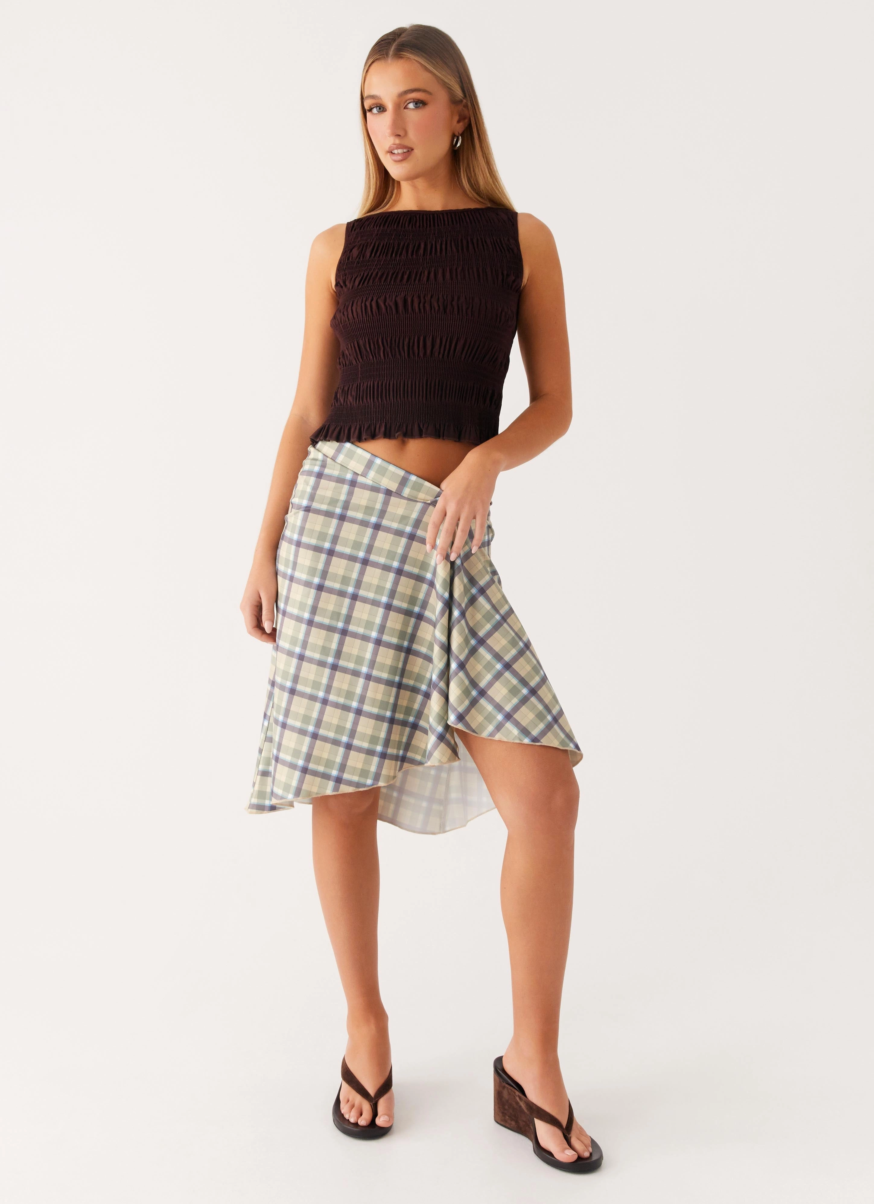 Shes A Lady Midi Skirt - Cedar Check Simple Utility