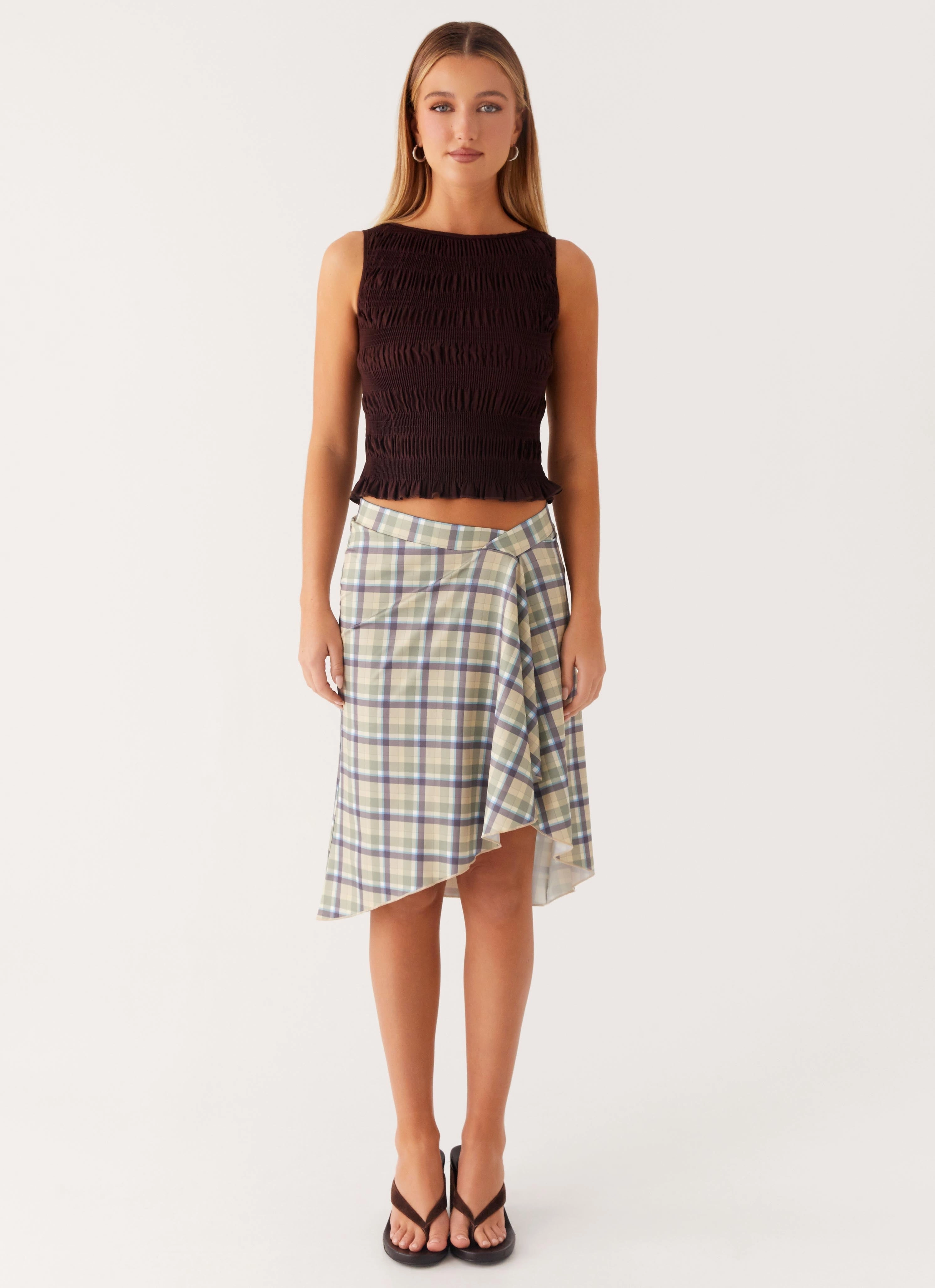 Style Vibes Modern Outfit Shes A Lady Midi Skirt - Cedar Check