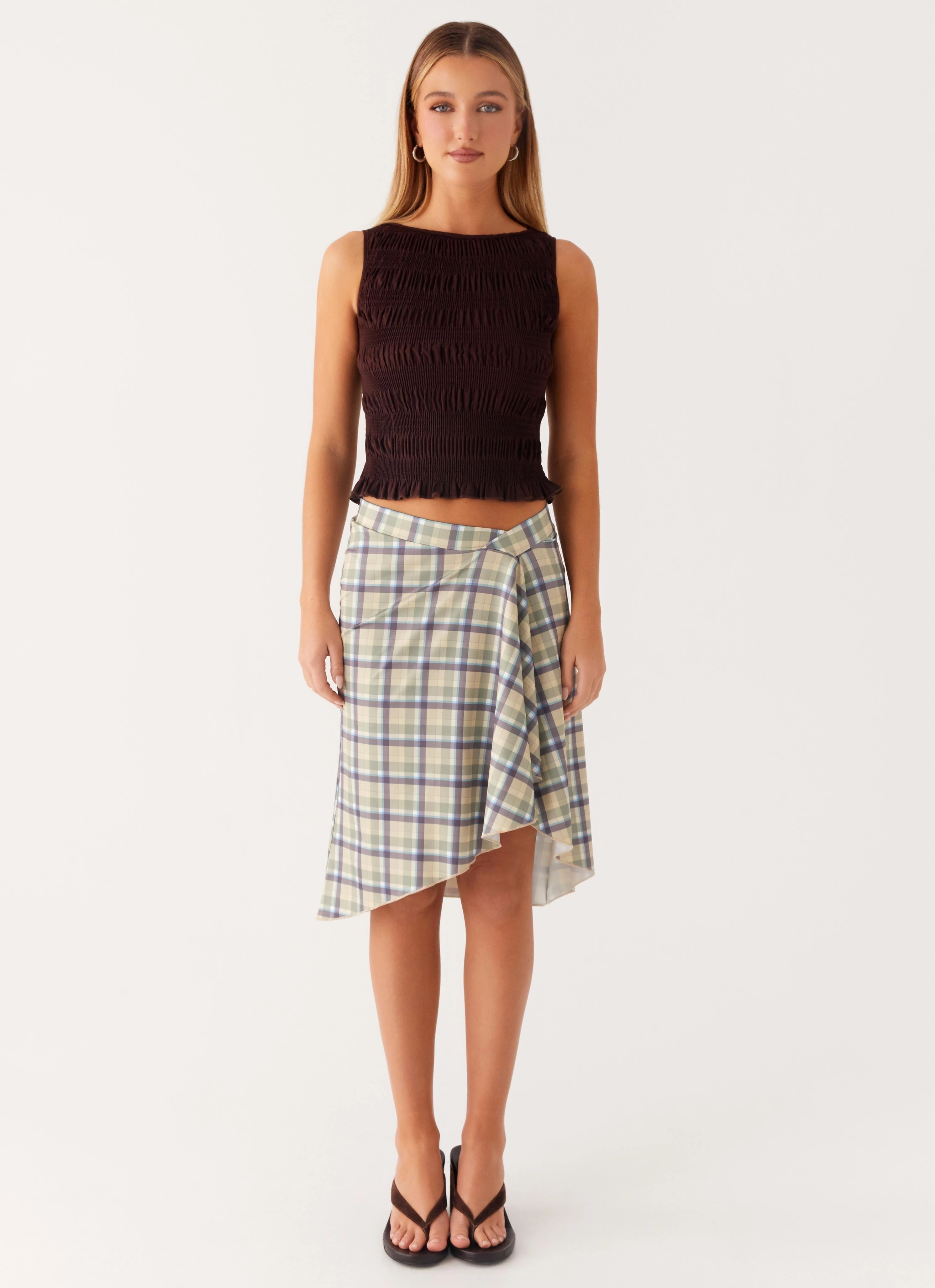 Shes A Lady Midi Skirt - Cedar Check Soft Tones