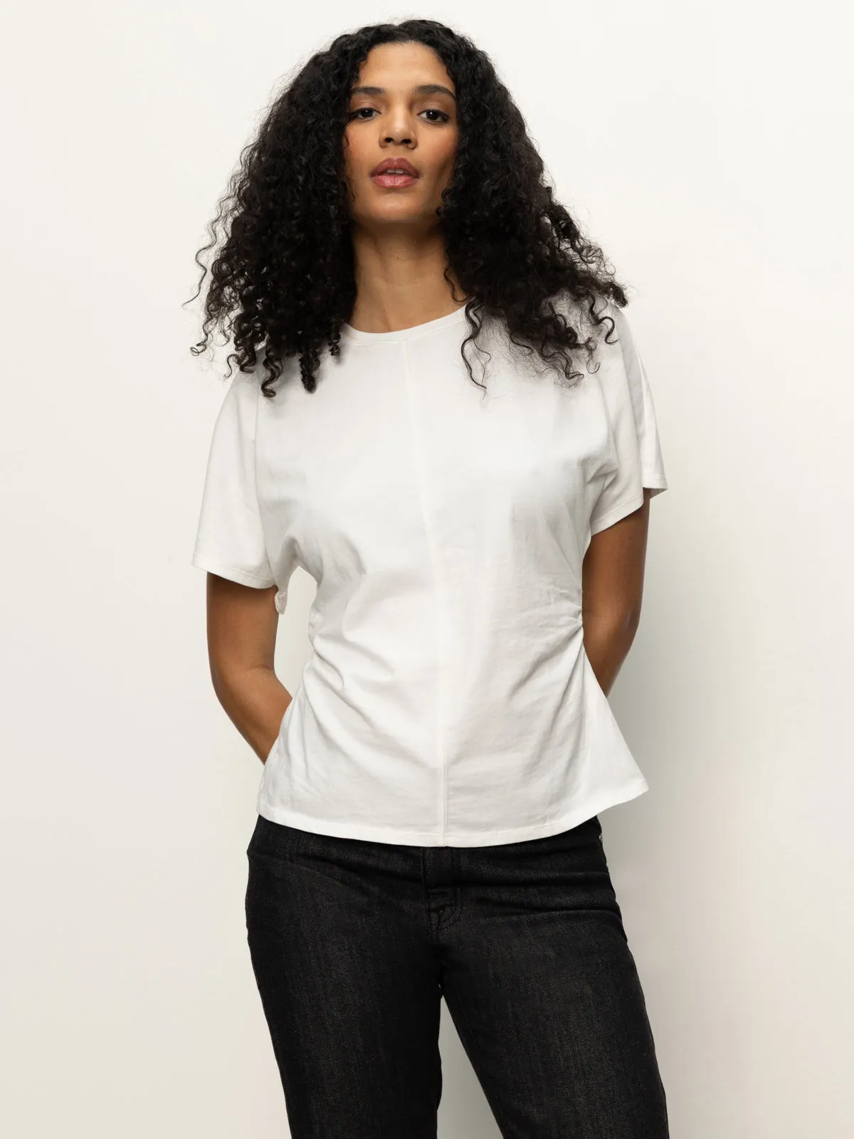 DropShoulder Shirred Waist Dolman Tee White