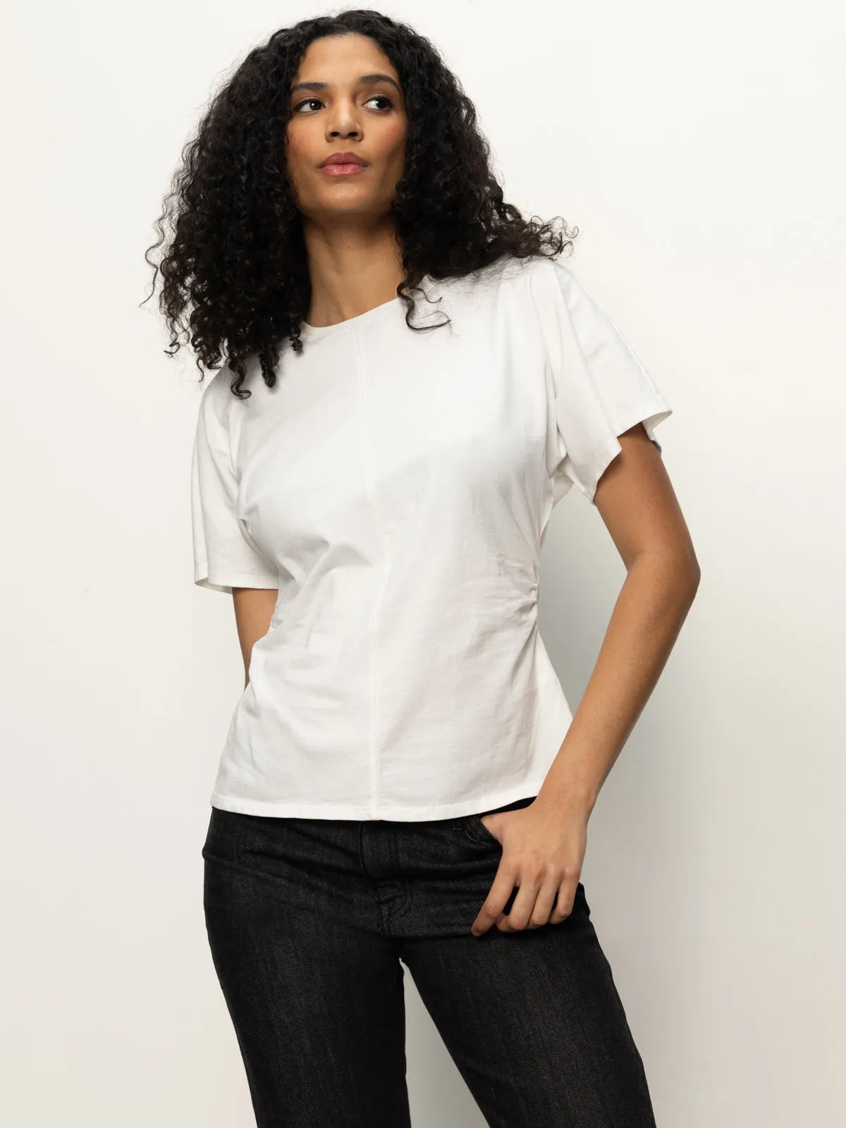 Shirred Waist Dolman Tee White Anti Pill Finish Quick Access Pockets