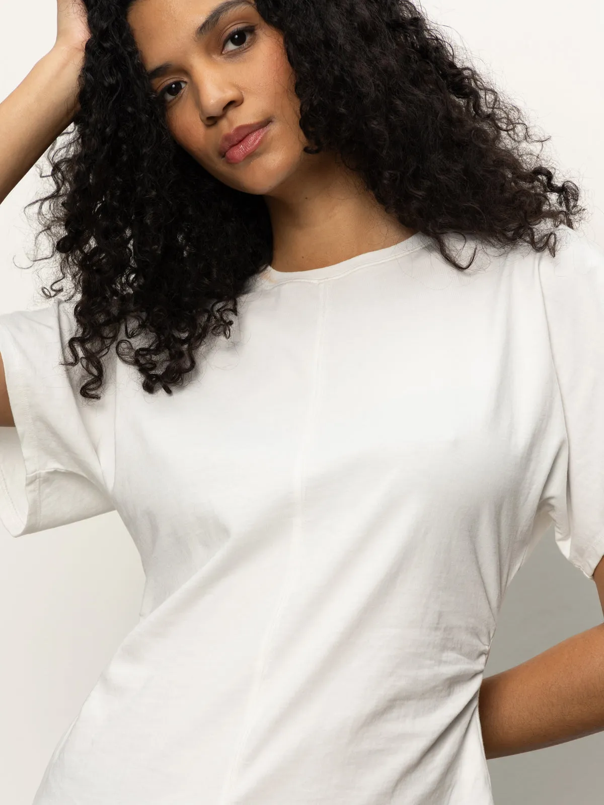 TwoToneEffect Shirred Waist Dolman Tee White