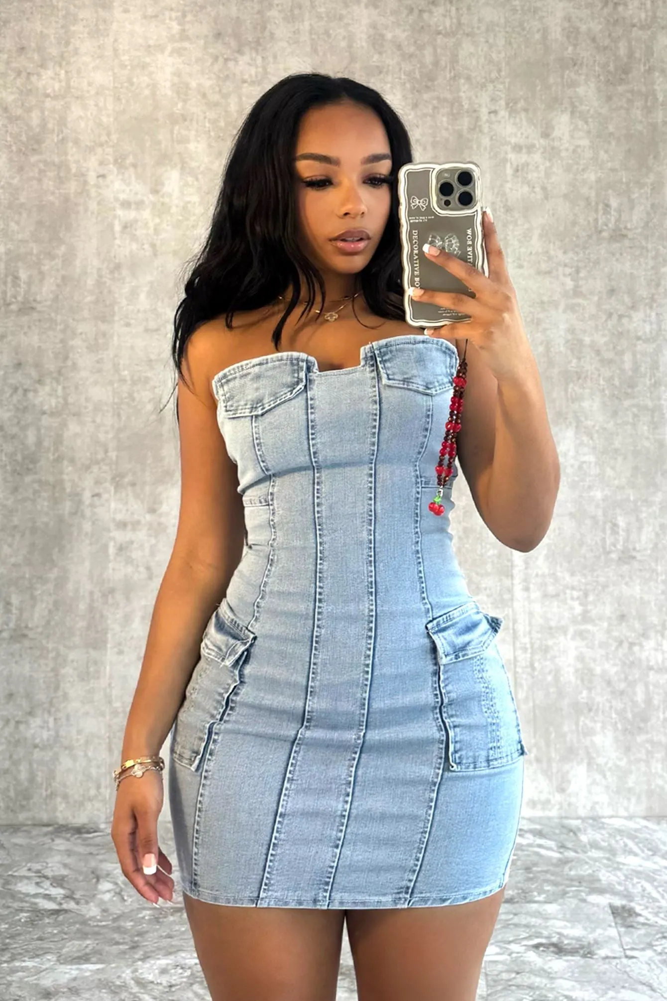 Sia Washed Denim Strapless Dress Bare Glow Trend Texture