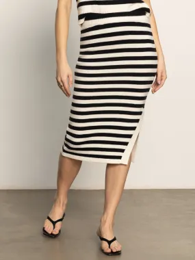 Side Slit Midi Skirt Black/ Macrame Stripe Detail Focus