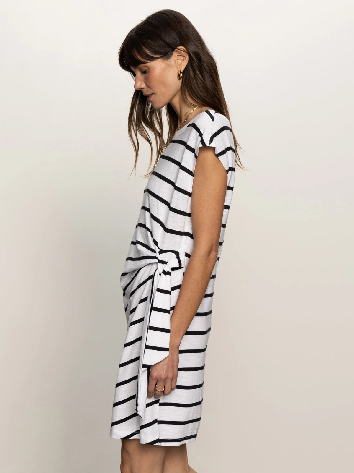 Basic Wardrobe PuckerFree Surface Side Tie T-Shirt Dress White Black Stripe