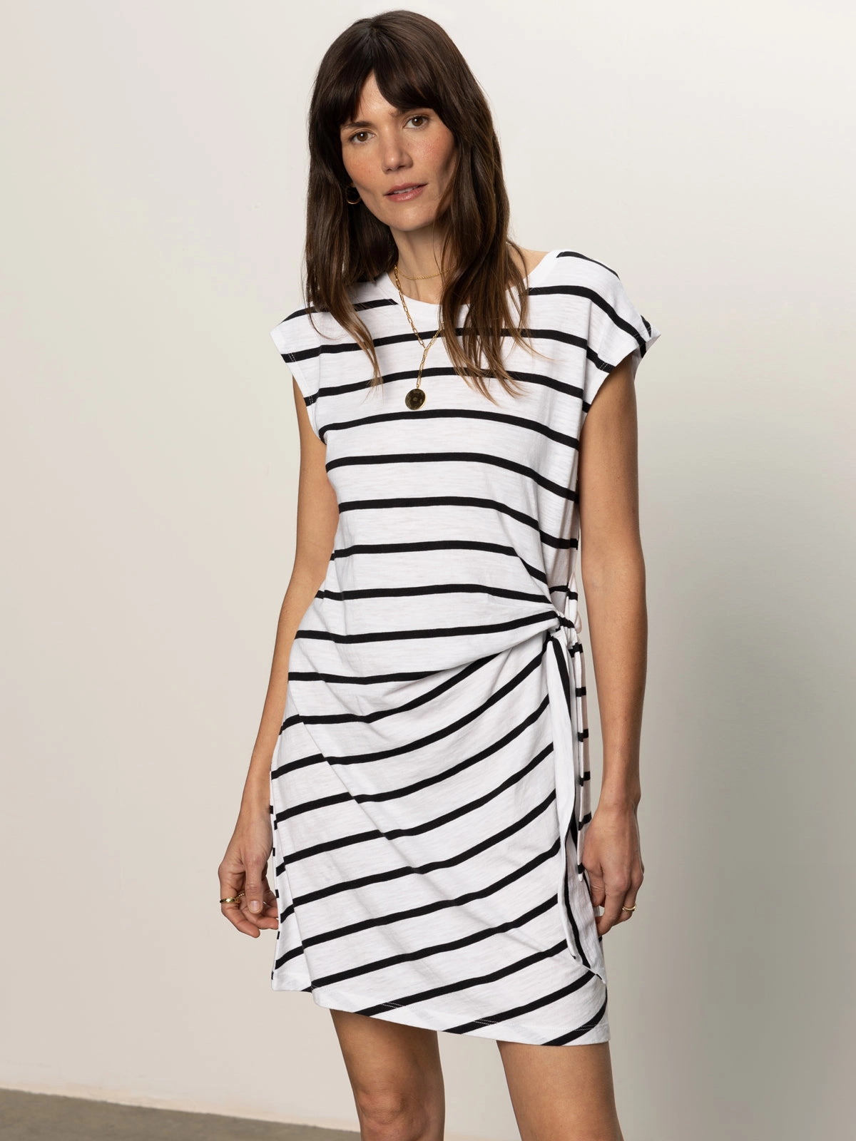 Side Tie T-Shirt Dress White Black Stripe Retro Style