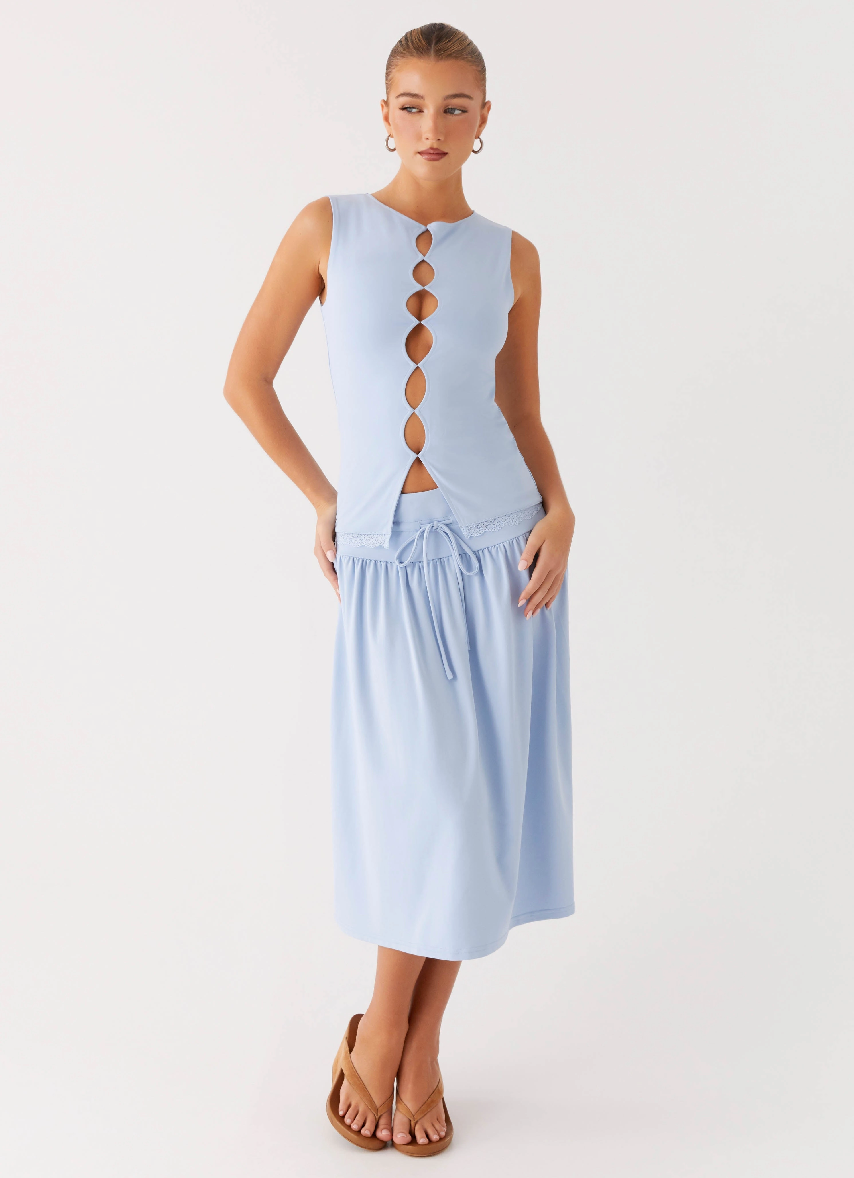 Style Layering Soft Palette Silver Tides Midi Skirt - Blue
