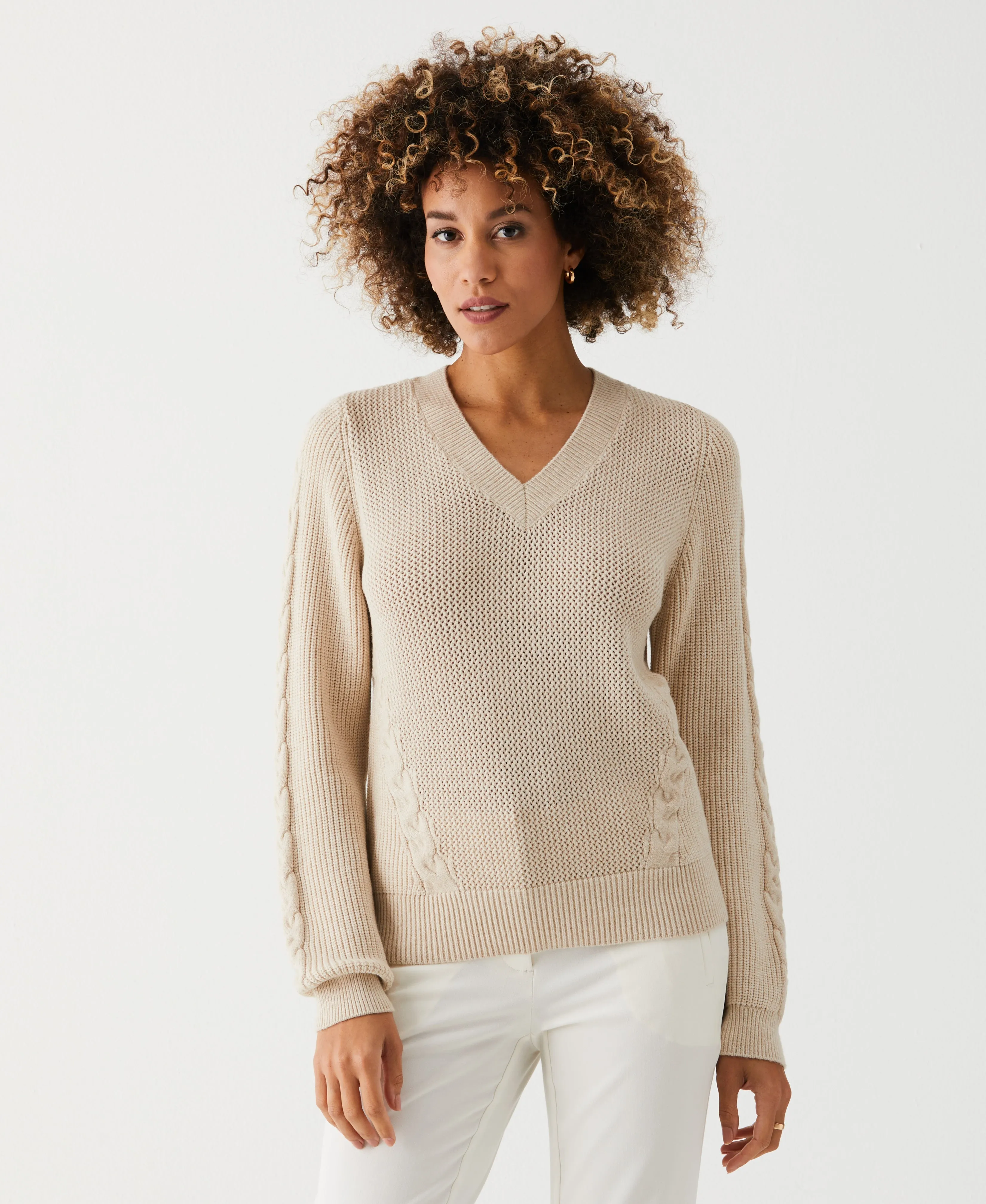 Cable Knit V-Neck Sweater PreShrunkFabric AllClimateAdaptive
