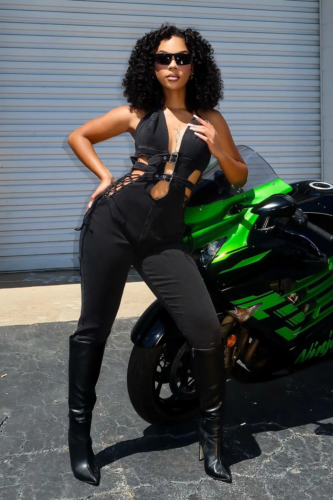 Ventilated Panels Foundry Halter Denim Jumpsuit