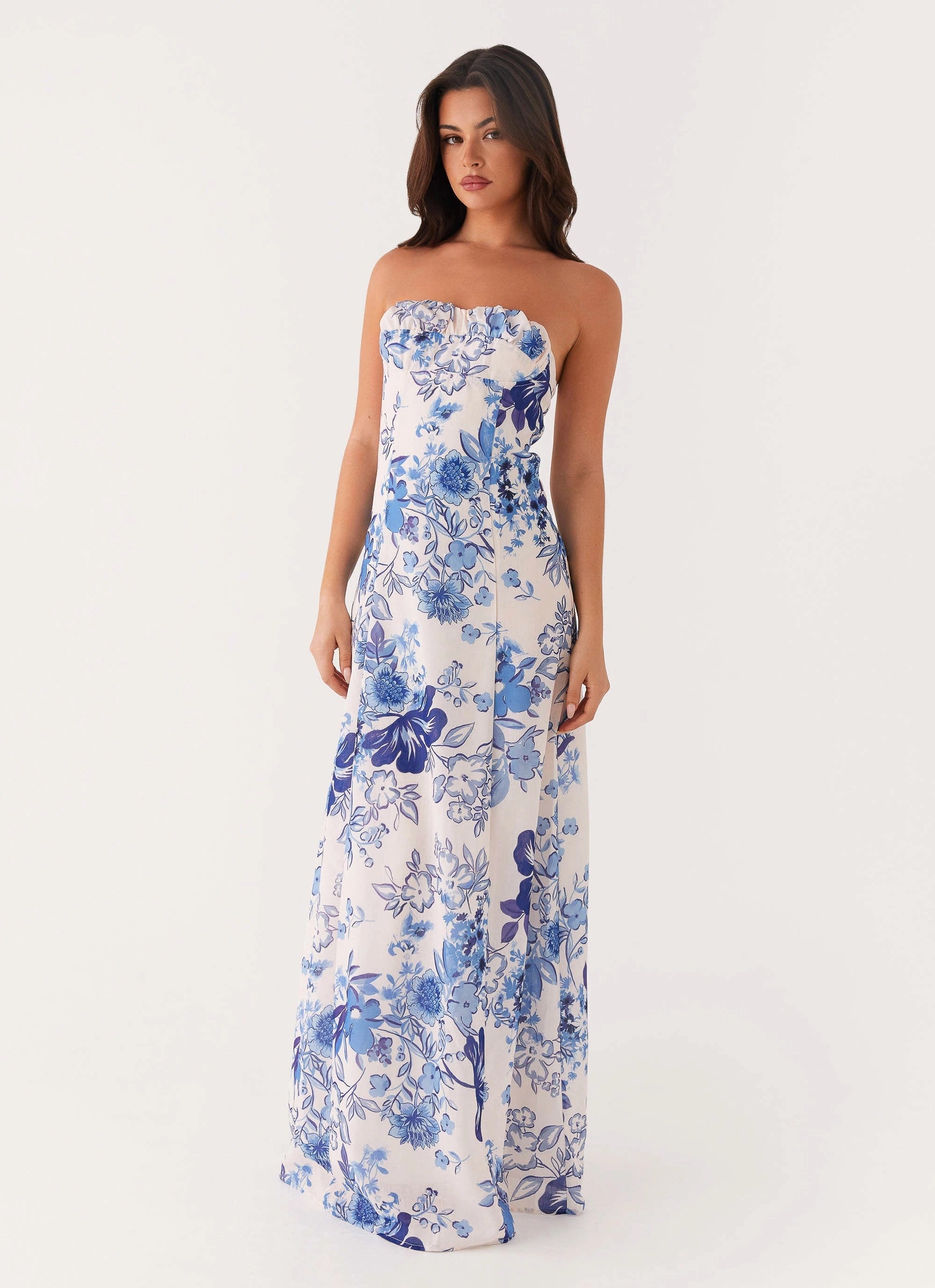 Tayla Linen Maxi Dress - Serene Sky Floral Polished Motion Jewel-Tone