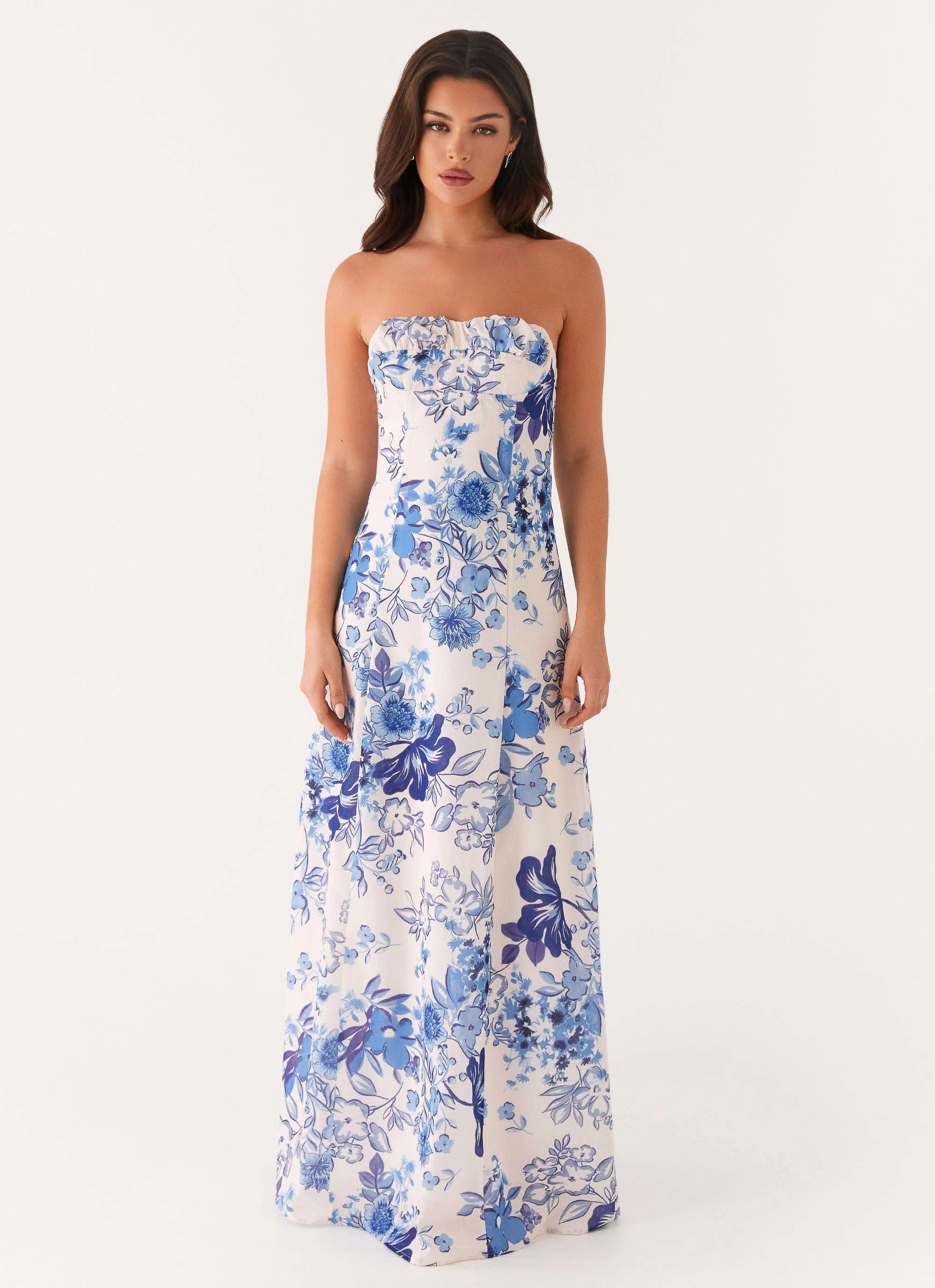 Tayla Linen Maxi Dress - Serene Sky Floral Peplum-Style Holiday Wear