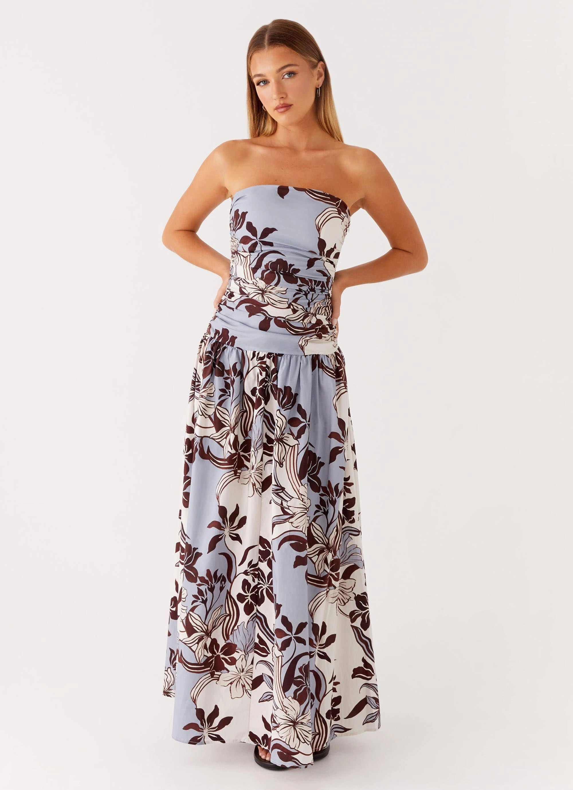 Carmel Maxi Dress - Bluewood Blossom Stud-Detail Side Ruching